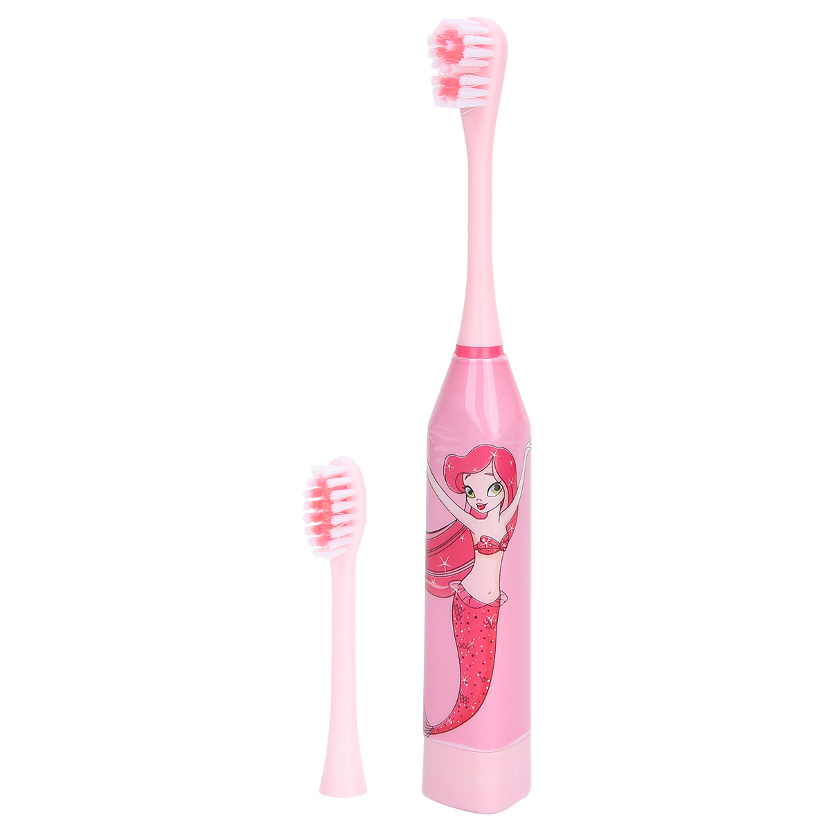 Eine rosa elektrische Zahnbürste mit Meerjungfrauen-Design und einem zusätzlichen Bürstenkopf.