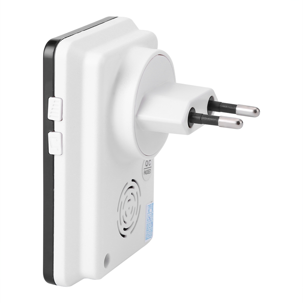 Ein weißer und schwarzer Türklingelstecker mit zwei Stiften.