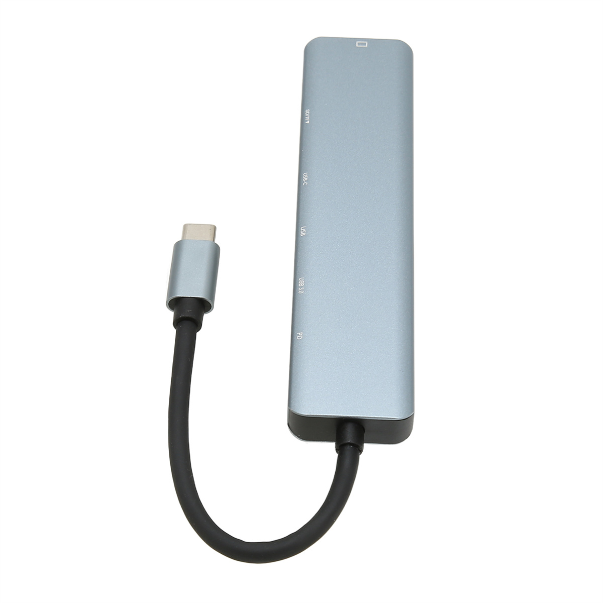 Silberner USB-C-Hub mit mehreren Anschlüssen, verbunden mit schwarzem Kabel.