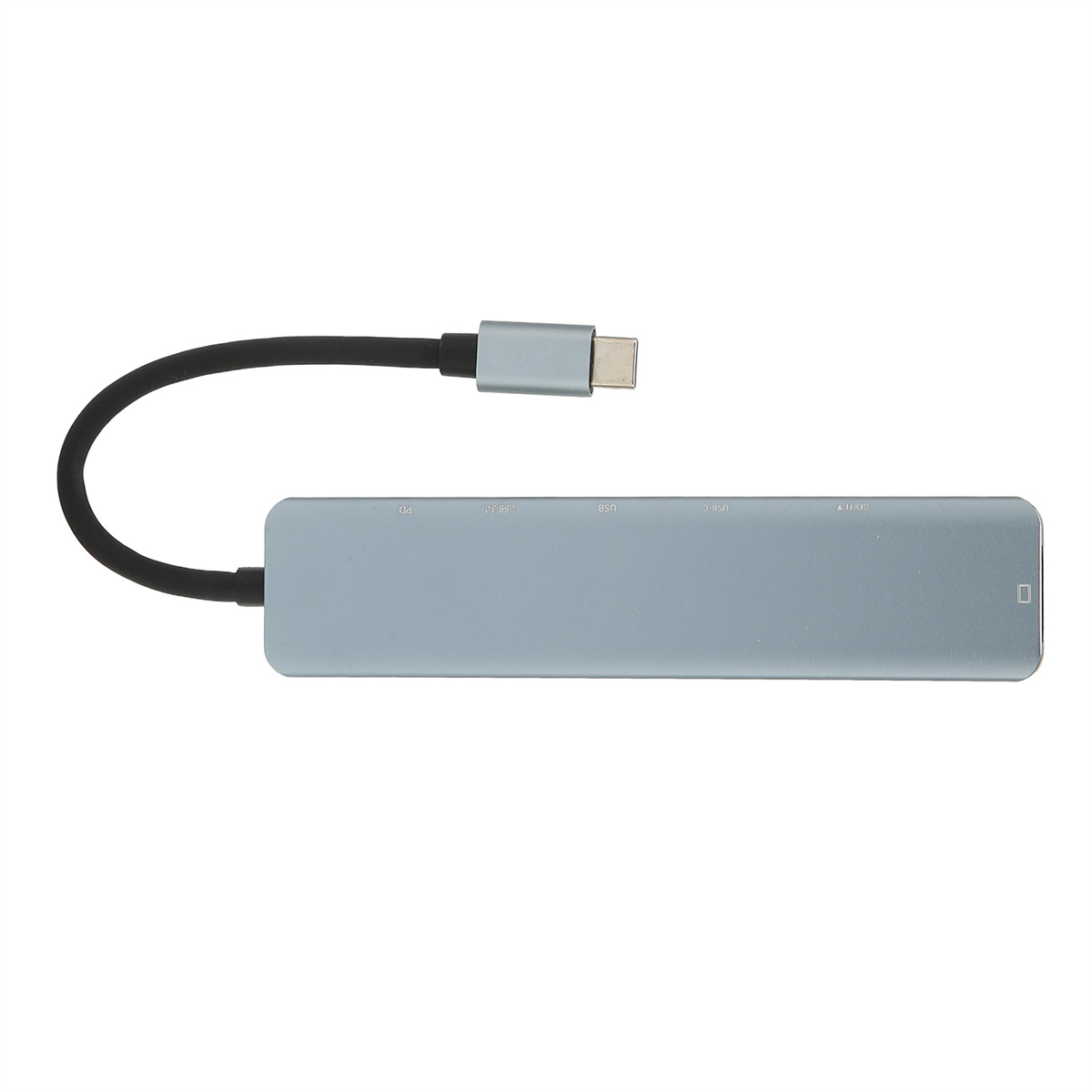 Ein silberner USB-C-Hub mit mehreren Anschlüssen und einem schwarzen, flexiblen Kabel.