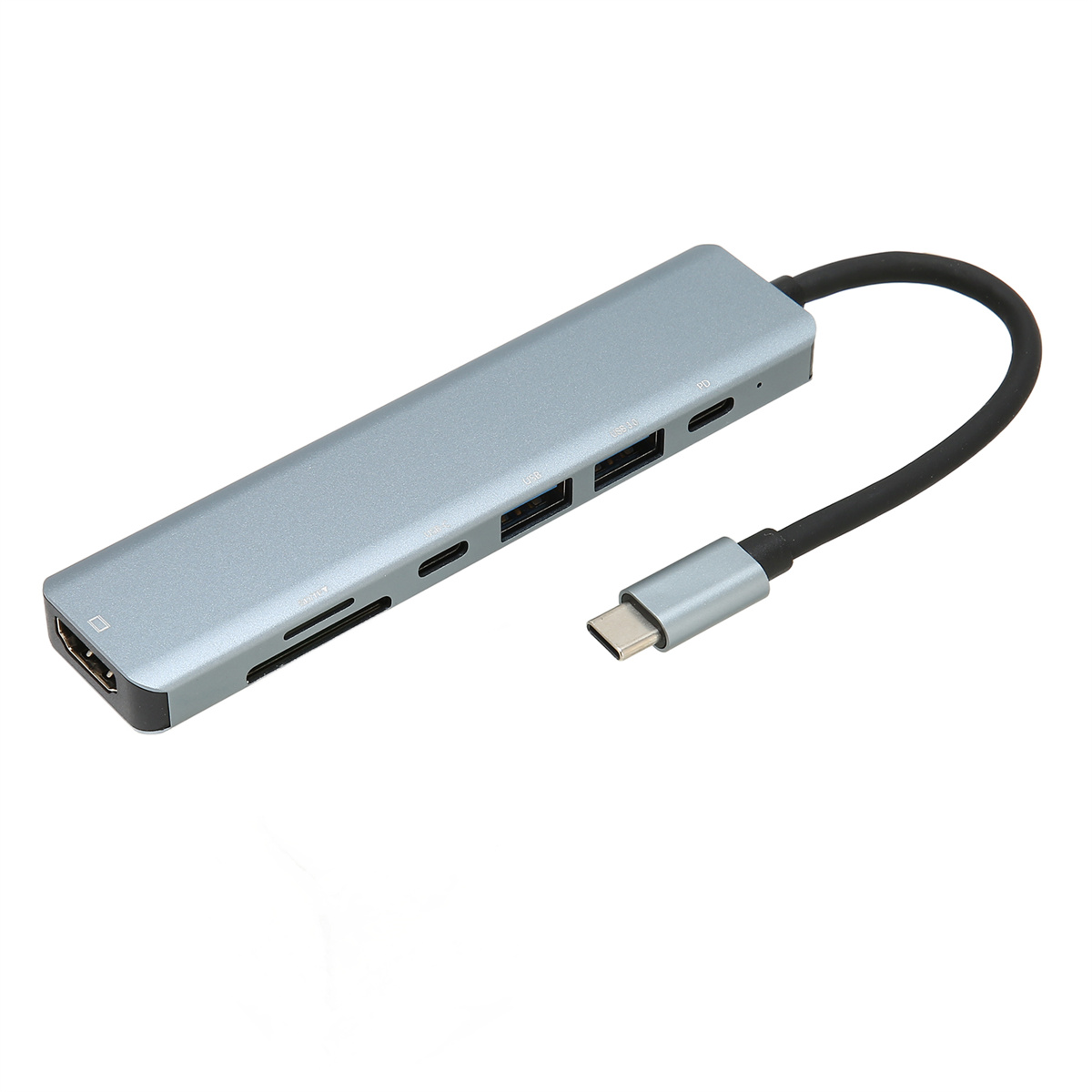 Grauer USB-C-Hub mit mehreren Anschlüssen: HDMI, USB, SD-Kartenleser und USB-Anschlüsse.