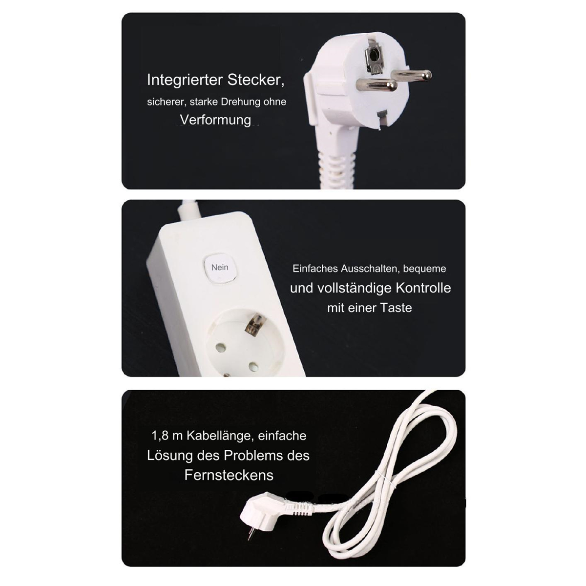 Nahaufnahme einer weißen Steckdosenleiste mit Stecker und drei Steckdosen. Schwarzer Hintergrund und weißer Text.