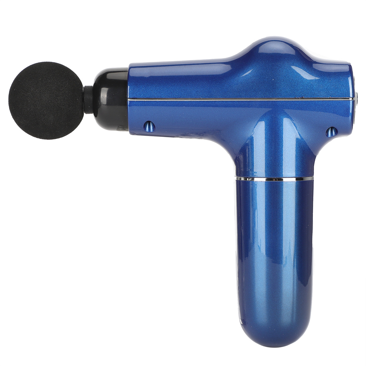 Blaue Massagepistole. Schwarzer Aufsatz. Weißer Hintergrund.