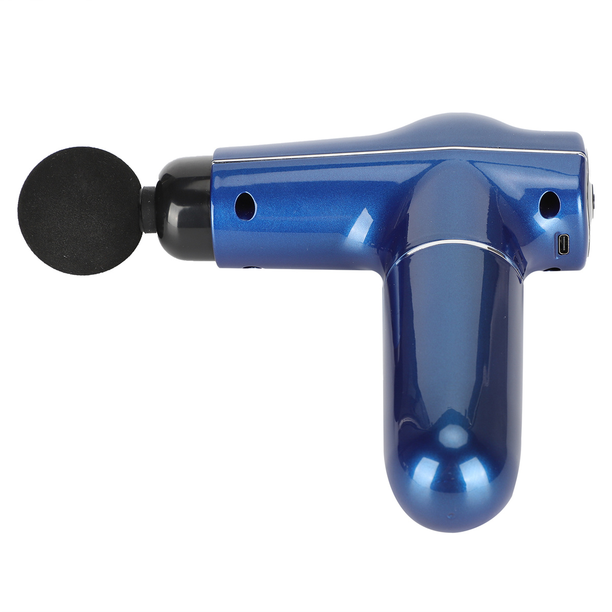 Blaue Massagepistole mit schwarzem Kopf, ein Gerät zur Muskelentspannung.
