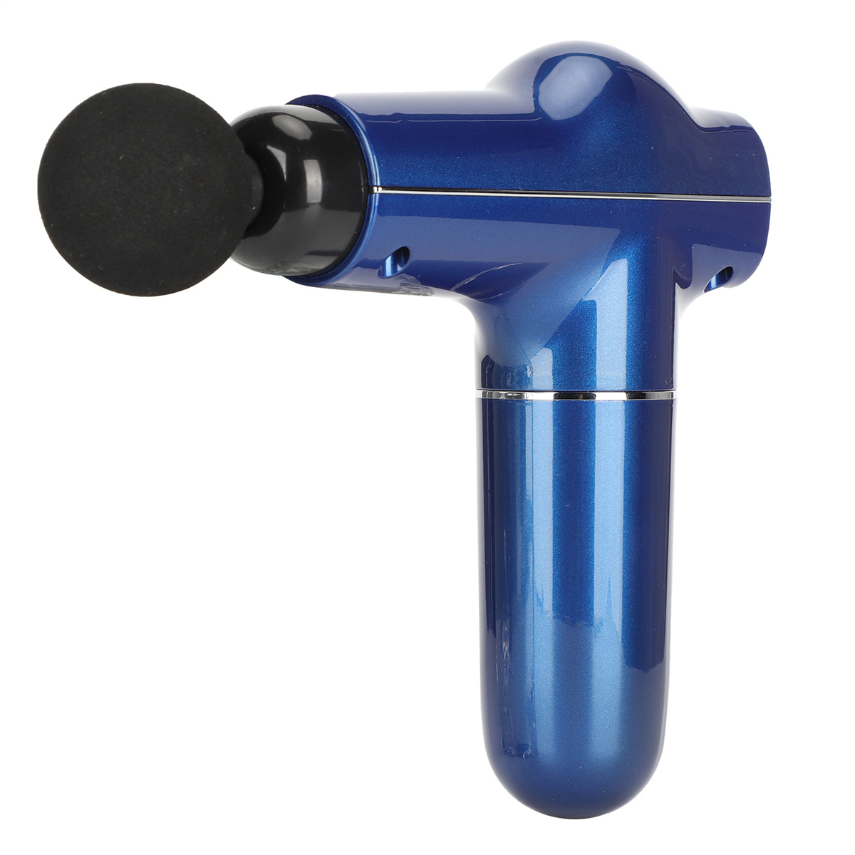 Eine blaue Massagepistole mit schwarzem Kopf auf weißem Untergrund.