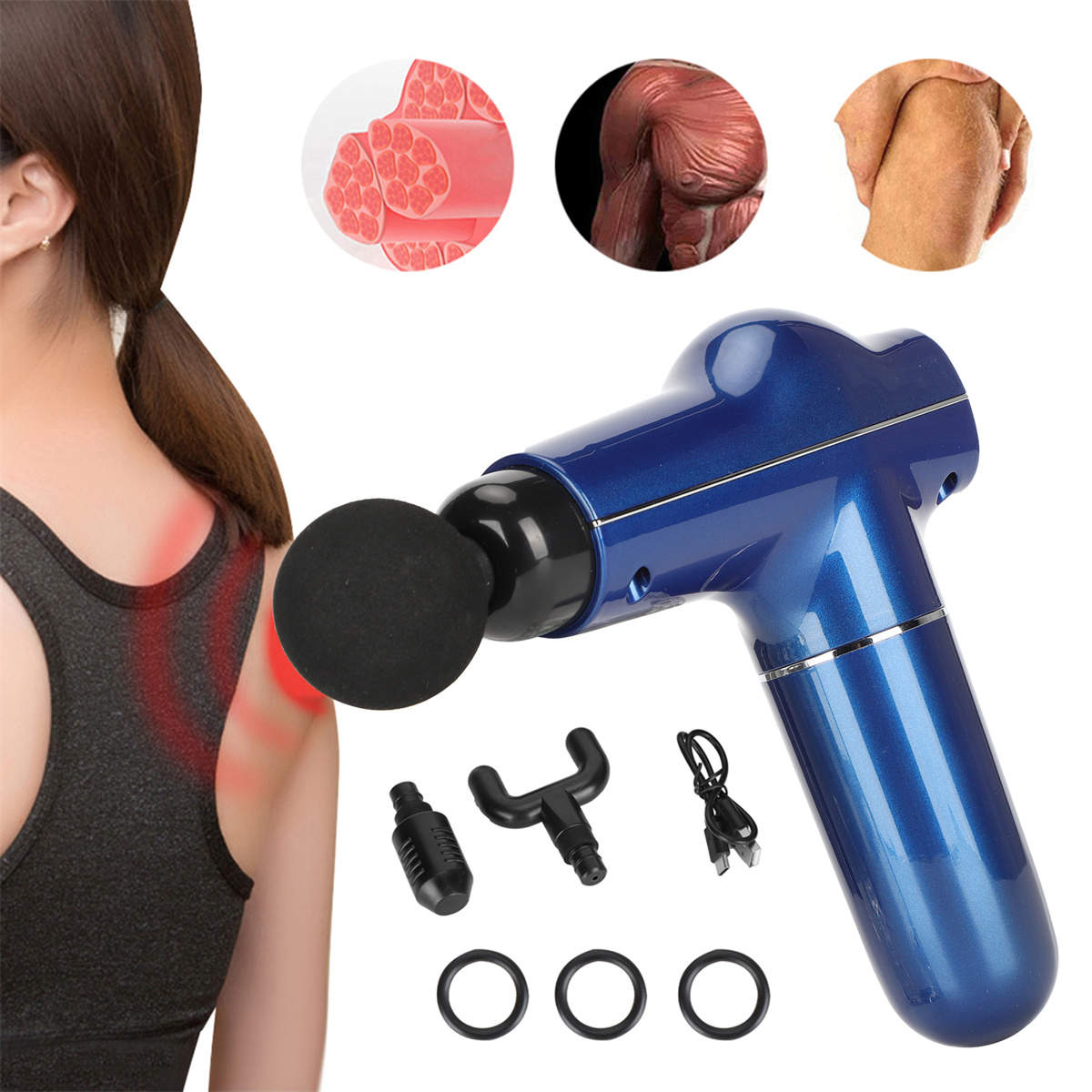 Eine blaue Massagepistole und Zubehör. Die rote Markierung auf der Schulter zeigt eine Schmerzstelle.
