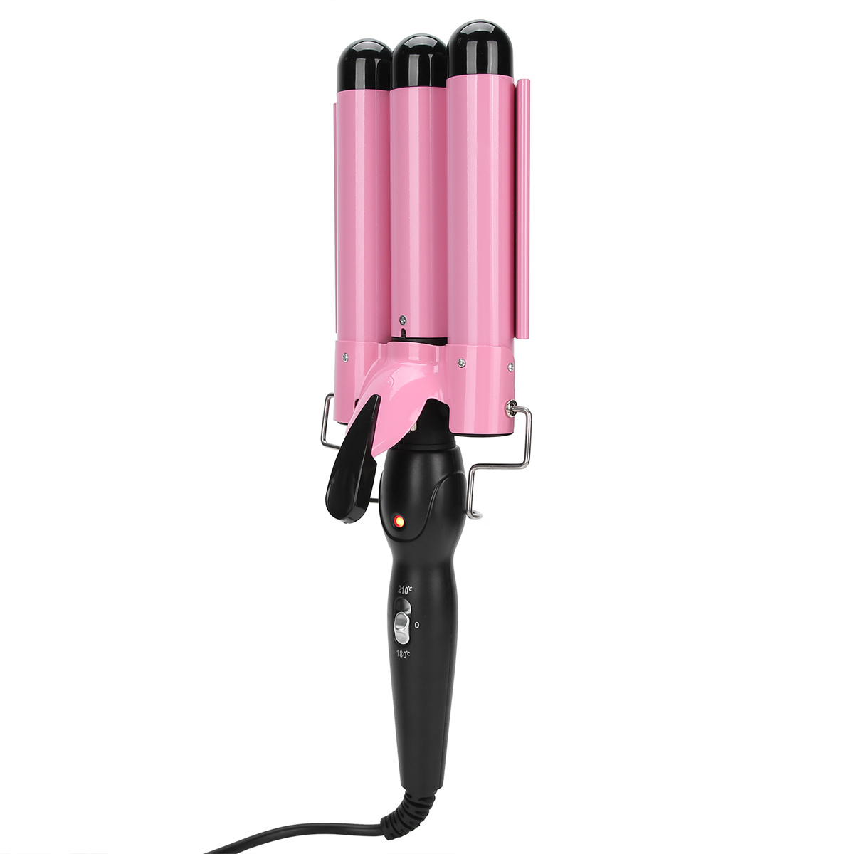 Rosa Haarwellen auf weißem Hintergrund. Schwarzer Griff, rosa Wellenplatten.