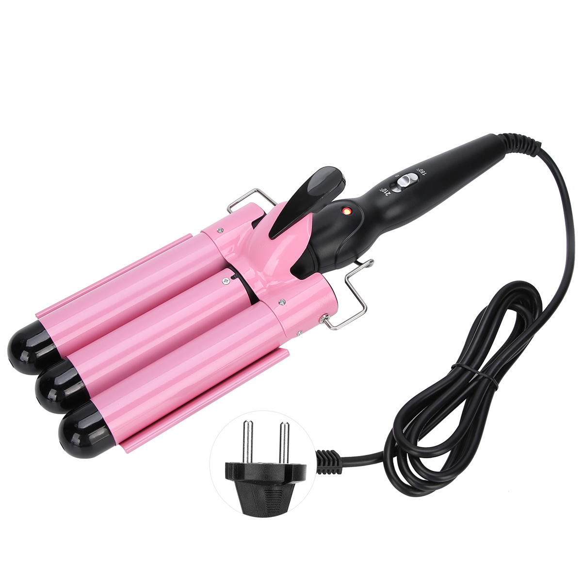 Pinkfarbener Haarlockenstab mit drei Läufen, schwarzem Griff und schwarzem Netzkabel mit Stecker.