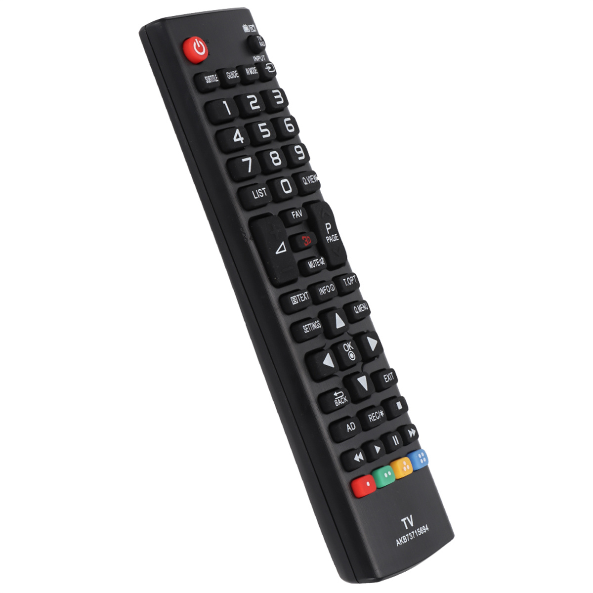 Schwarze TV-Fernbedienung mit mehreren Tasten, leicht nach oben abgewinkelt.