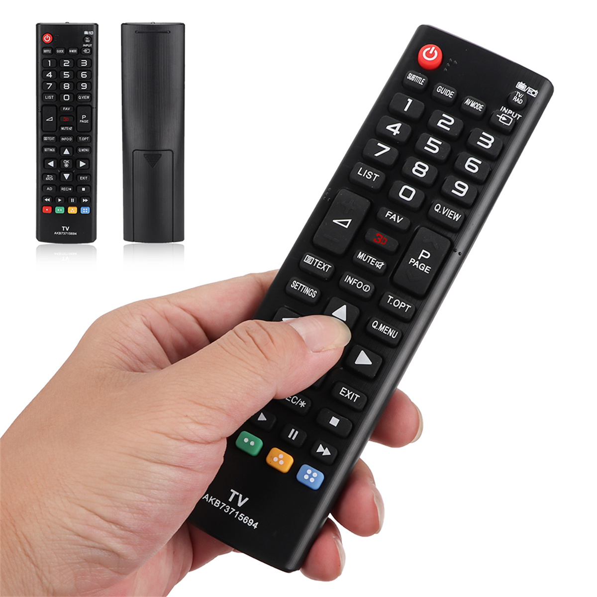 Eine schwarze LG TV-Fernbedienung mit Knöpfen und Text auf der Vorder- und Rückseite.