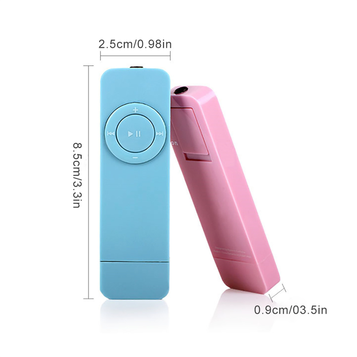 Blaue und rosa MP3-Player mit Abmessungen, mit Wiedergabe/Pause-Tasten und Lautstärkereglern.