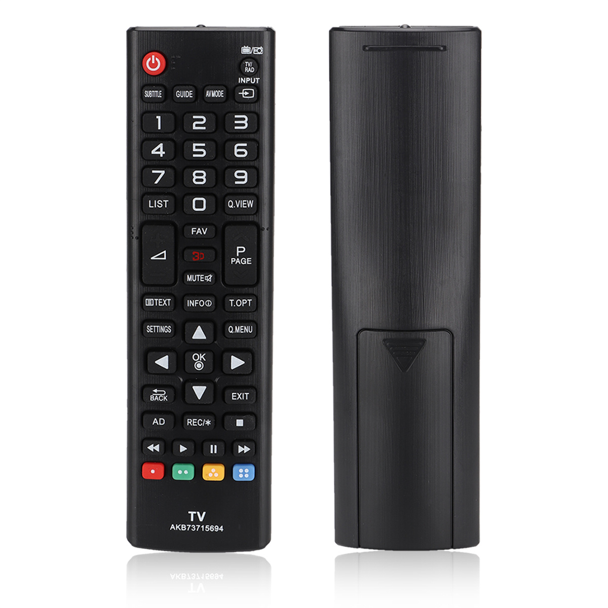 Schwarze TV-Fernbedienung mit beschrifteten Tasten. Vorder- und Rückansicht gezeigt.