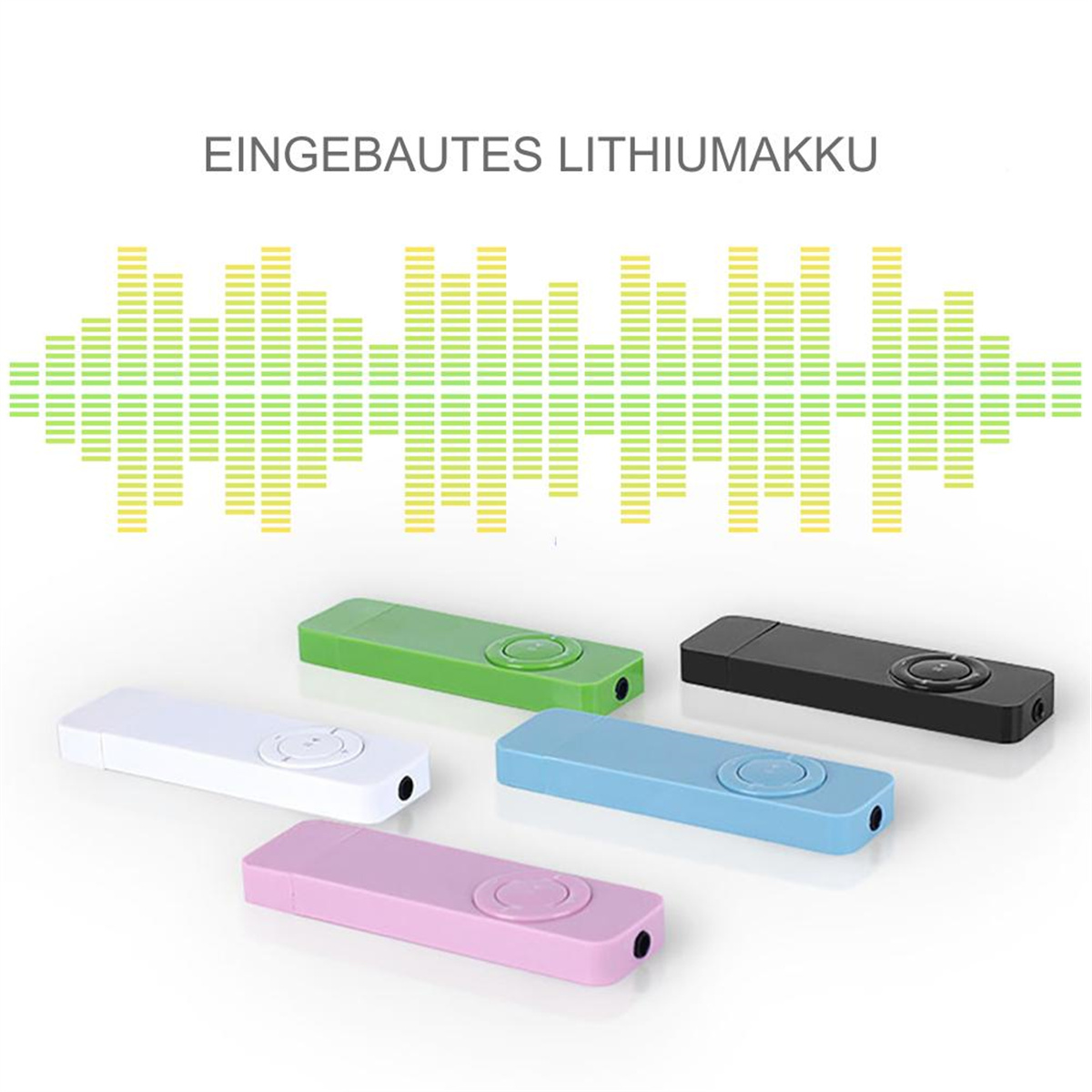 Fünf bunte MP3-Player: weiß, grün, blau, rosa und schwarz. Oben eine Schallwellengrafik.
