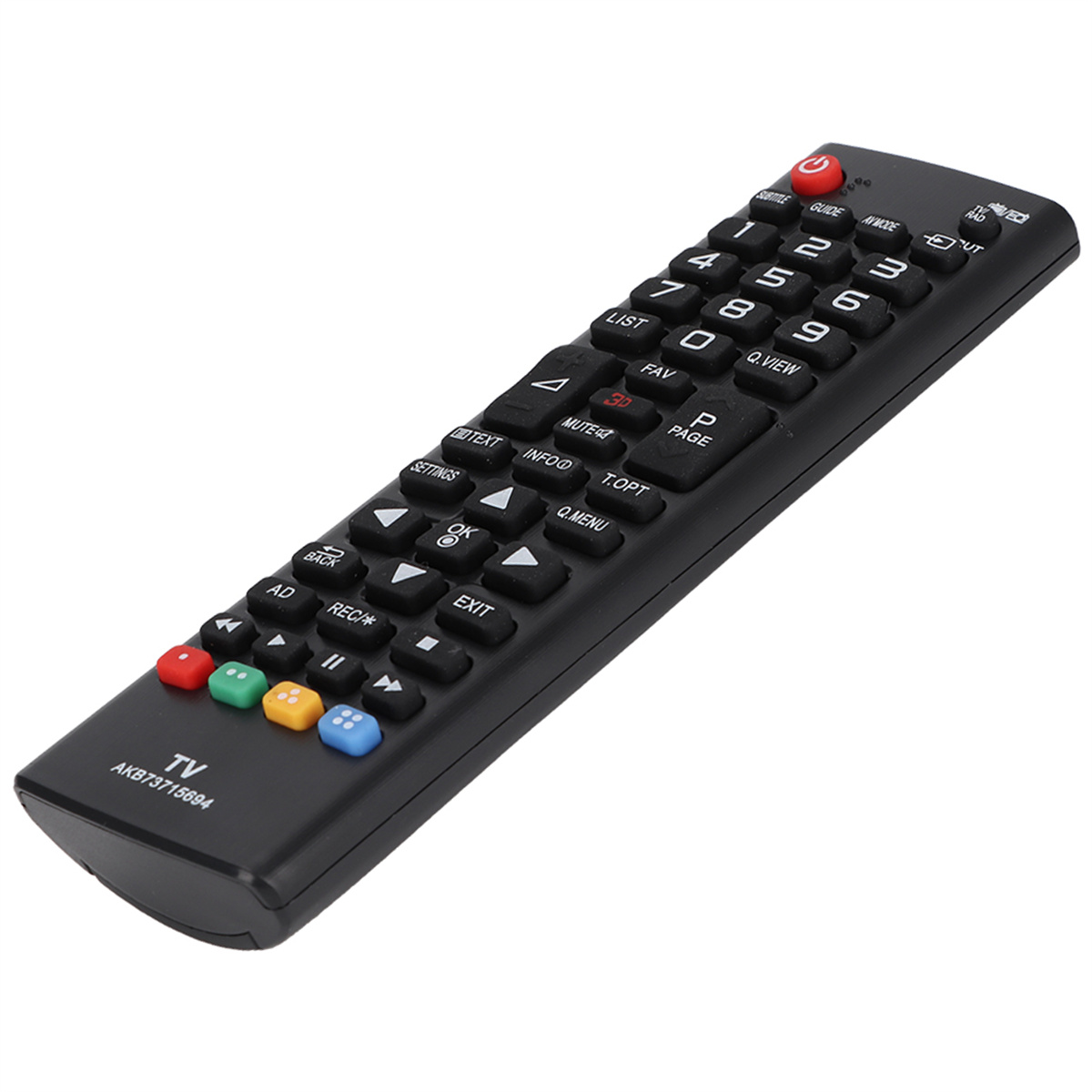 Schwarze TV-Fernbedienung mit verschiedenen Tasten für Strom, Kanäle und Einstellungen.
