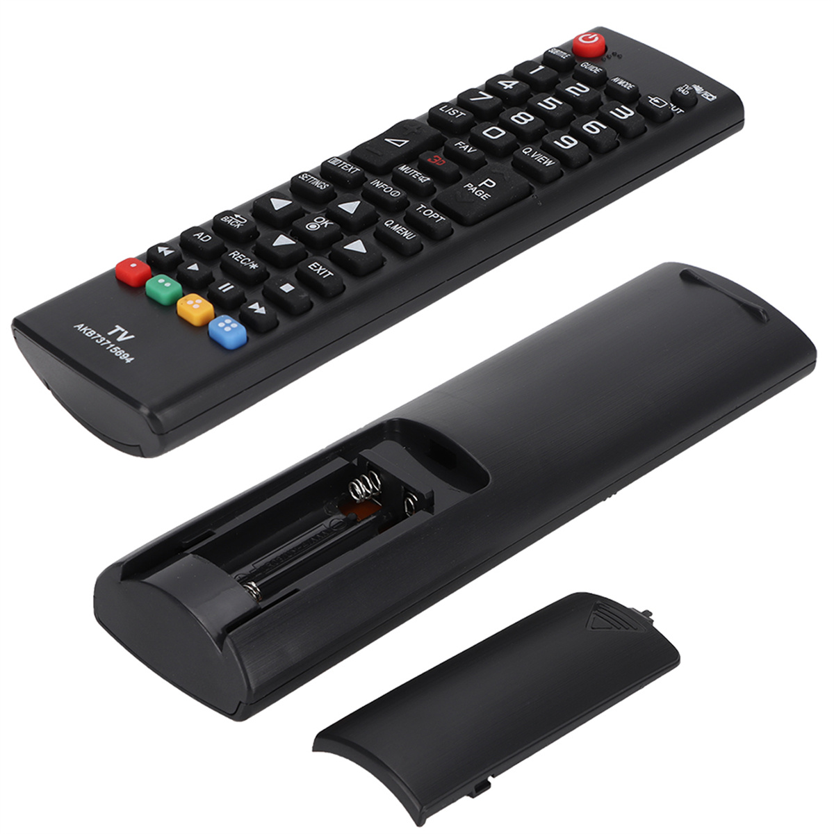 Schwarze TV-Fernbedienung mit vielen Tasten, geöffnetem Batteriefach und abgenommener Abdeckung.