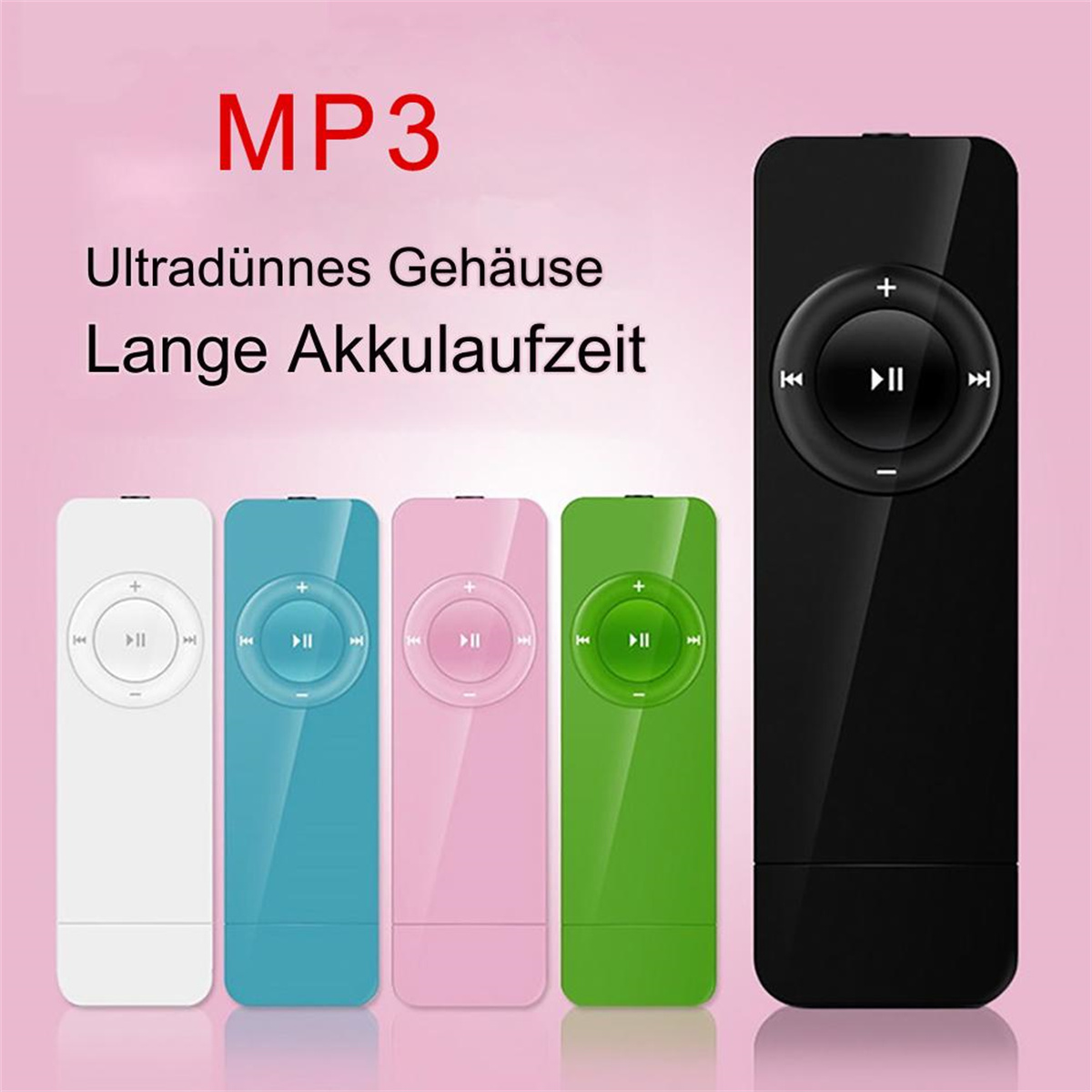 Fünf bunte MP3-Player, einer schwarz rechts. Die MP3-Player haben Knöpfe und Bildschirme.