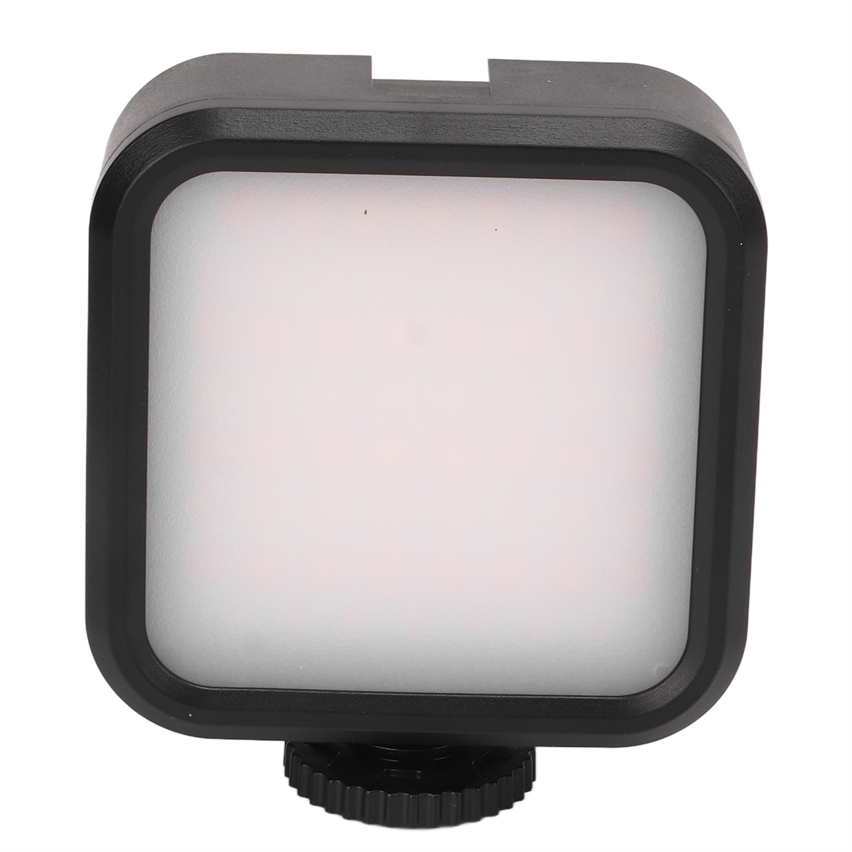 Quadratisches schwarzes Videolicht mit weißem LED-Panel. Hat einen Knopf unten.