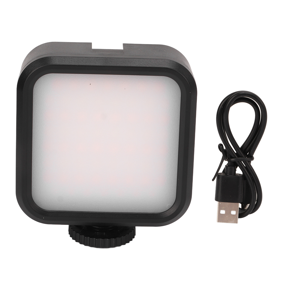 Schwarzes quadratisches LED-Licht mit einem USB-Kabel und Anschluss daneben.