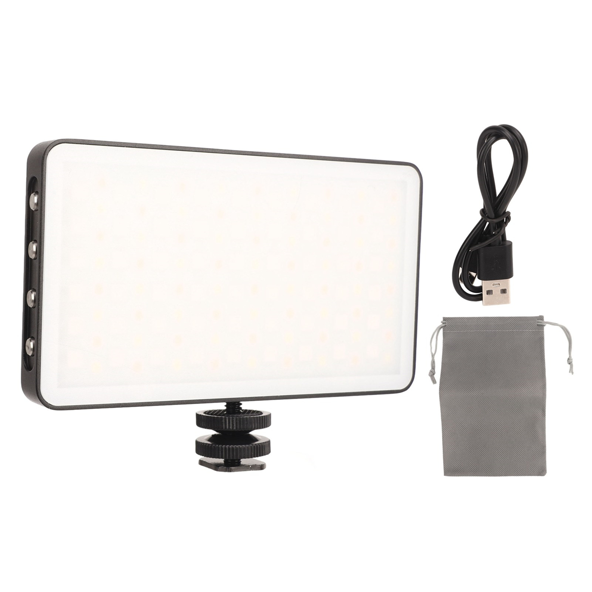 Rechteckige LED-Leuchte mit schwarzem Rahmen, USB-Kabel und Aufbewahrungstasche.