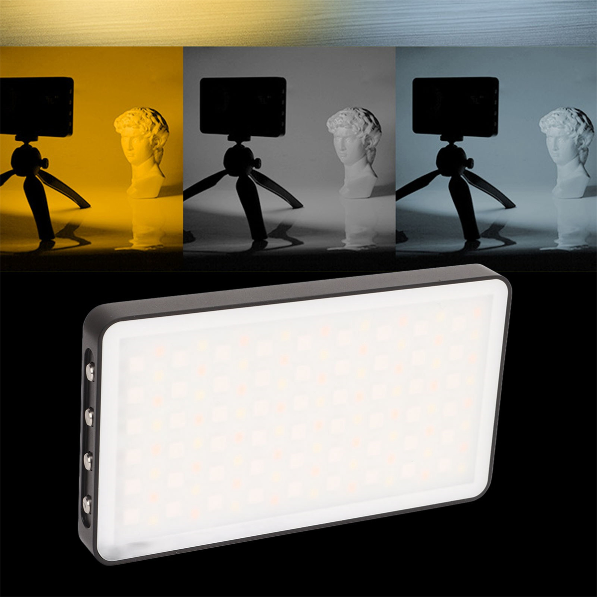 Ein Lichtpanel mit Stativ und kleiner Statue. Verschiedene Lichtfarben werden gezeigt.