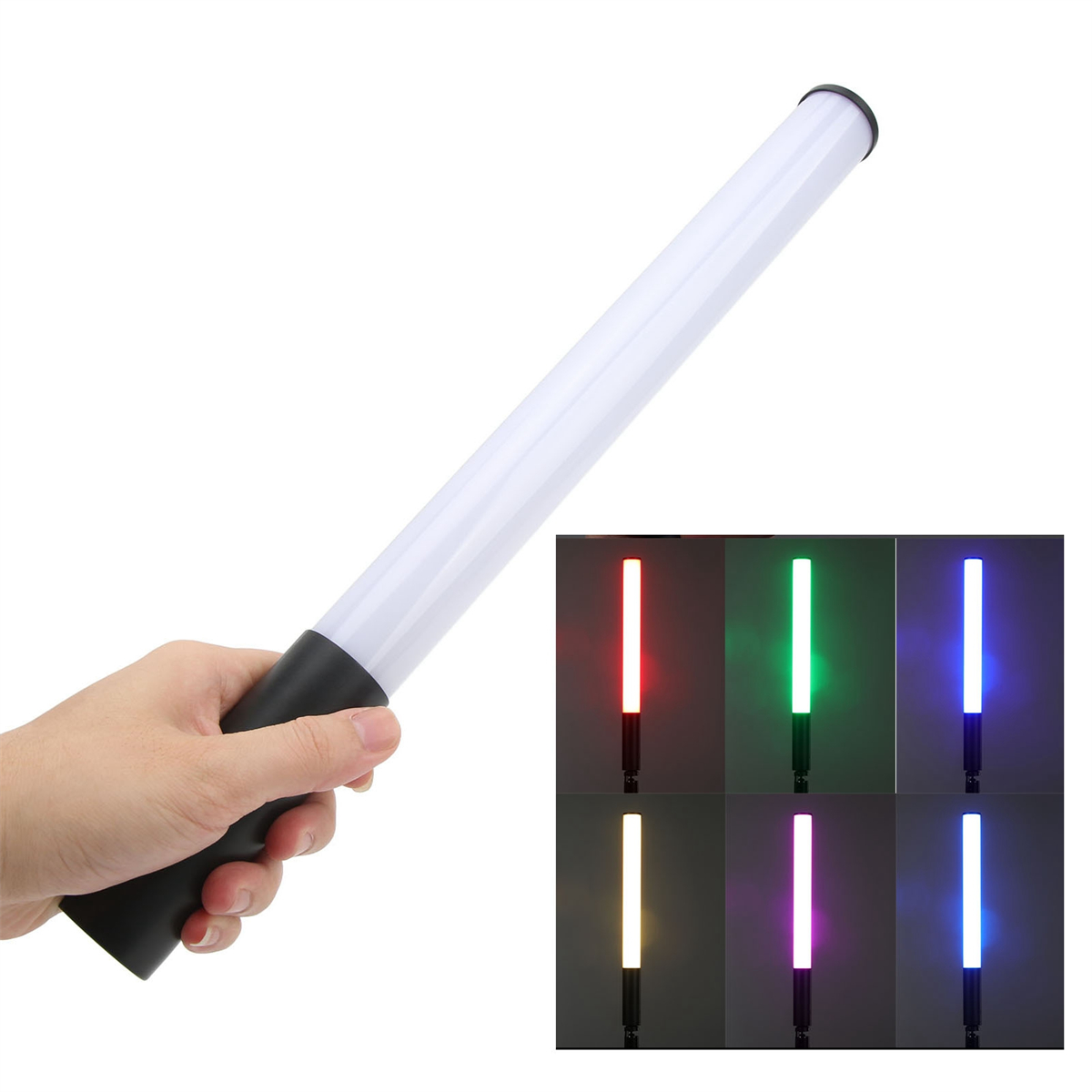Hand, die einen weißen Lichtstab hält. Sechs Farbvarianten sind gezeigt.