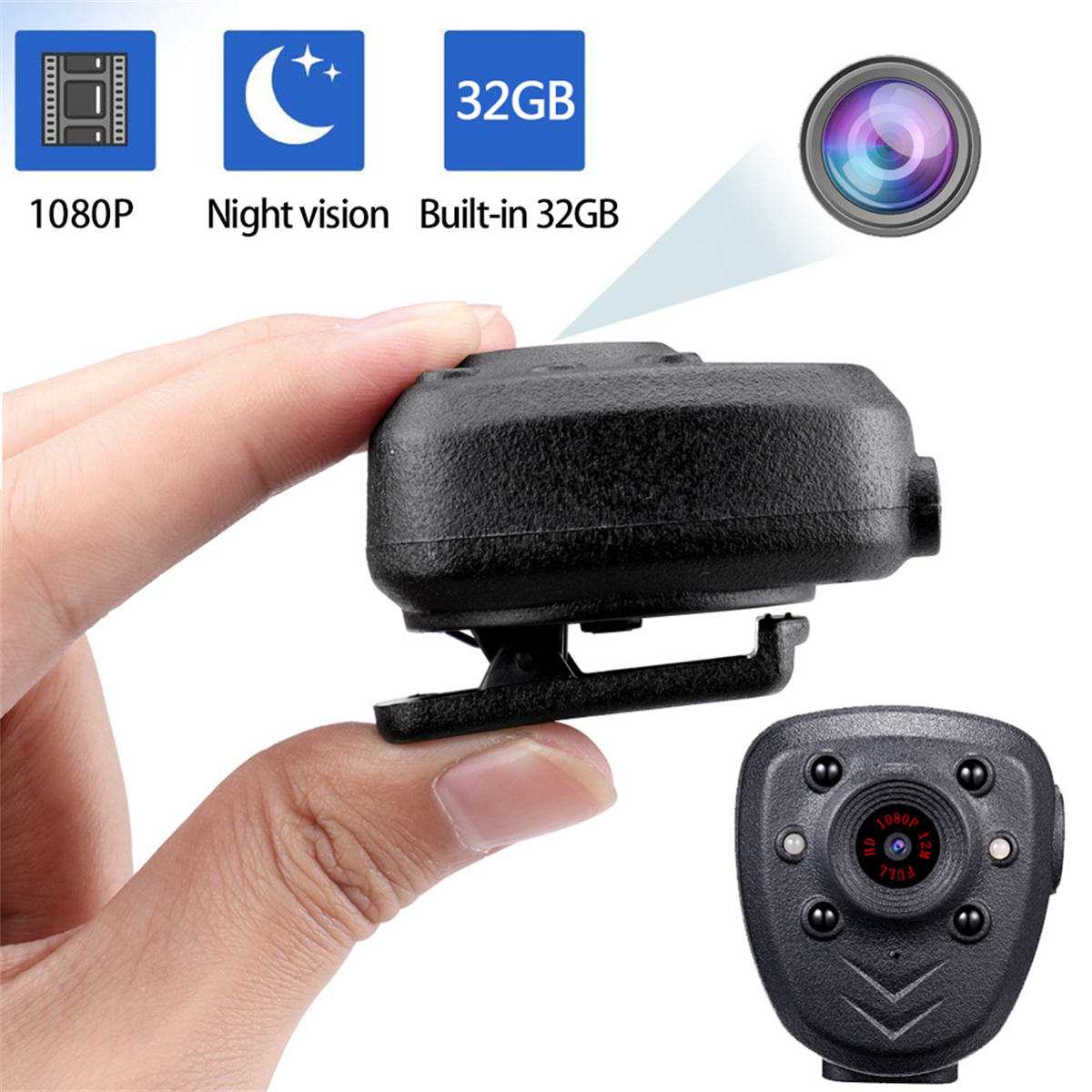 Kleine schwarze Überwachungskamera, gehalten von Fingern, mit Symbolen für Nachtsicht und 32 GB Speicher.