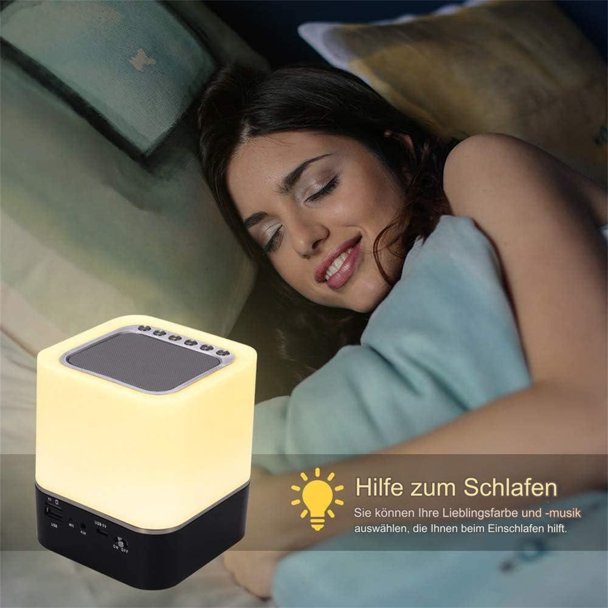 Frau schläft neben einer würfelförmigen Lampe. Helle und dunkle Farben.