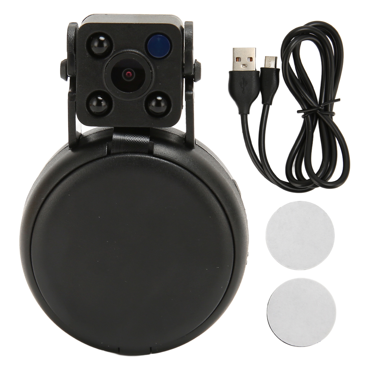 Eine kleine schwarze Kamera mit einem USB-Kabel und zwei Klebepads auf weißem Hintergrund.