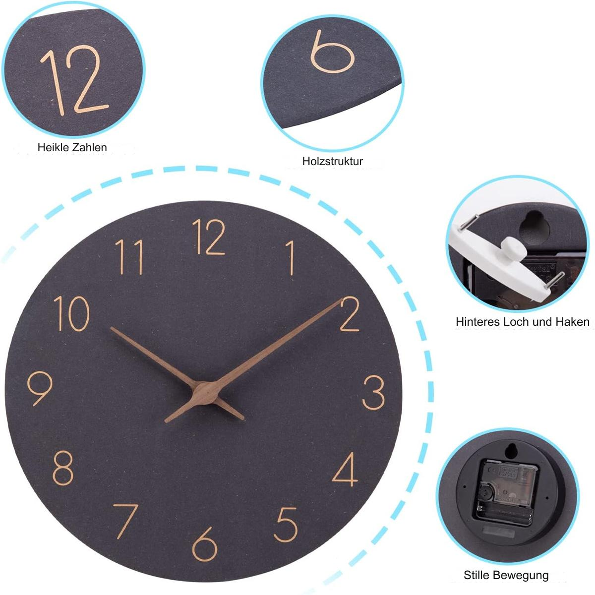 Schwarze Uhr mit goldenen Zahlen und Zeigern. Nahaufnahmen zeigen Rückseite, Zifferblatt und Uhrwerkdetails.