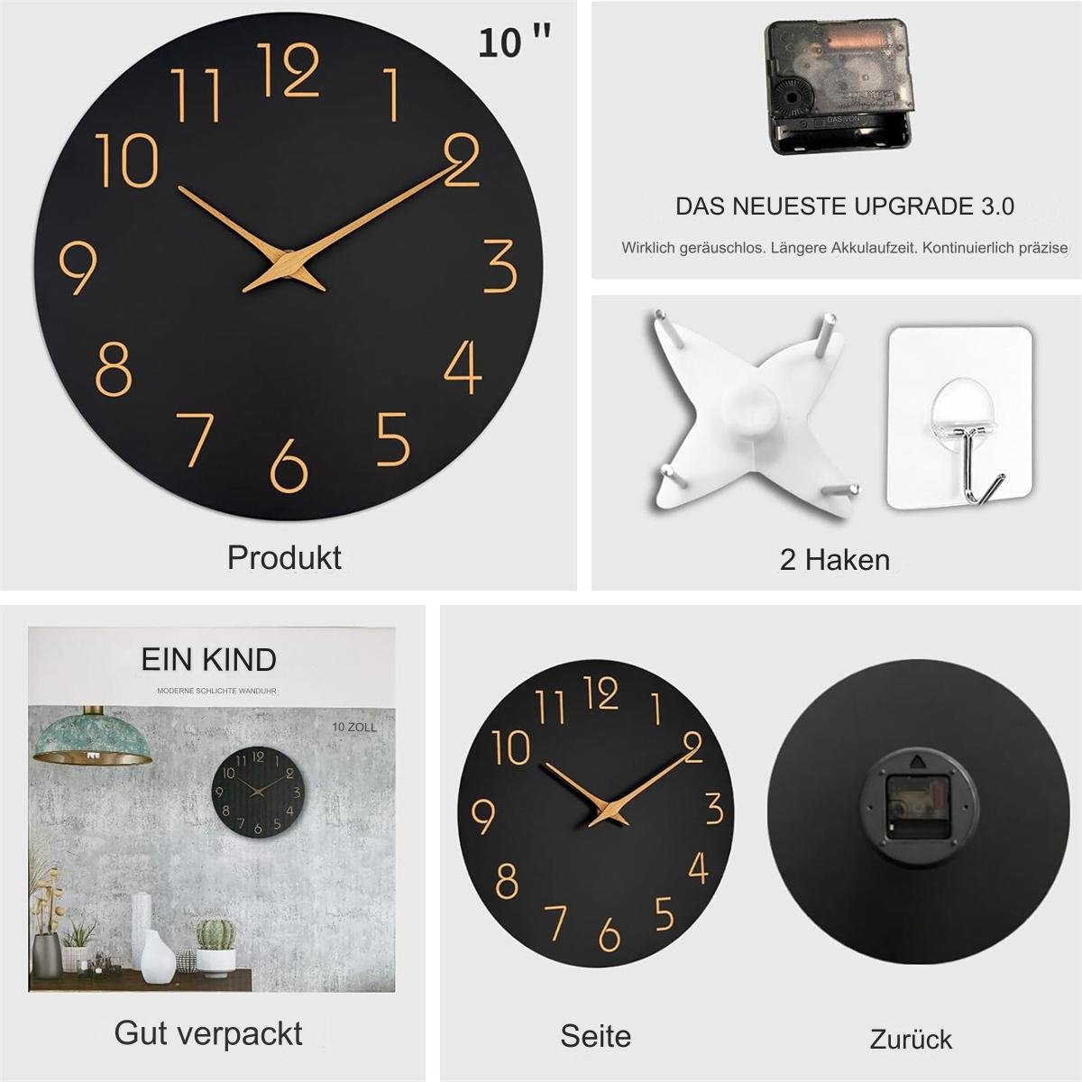 Schwarze Wanduhr mit goldenen Zahlen und Zeigern sowie verschiedene zugehörige Teile.