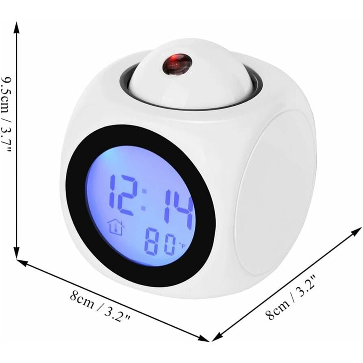 Eine weiße Würfeluhr mit Anzeige von Uhrzeit und Temperatur. Es hat Projektionslichter oben.