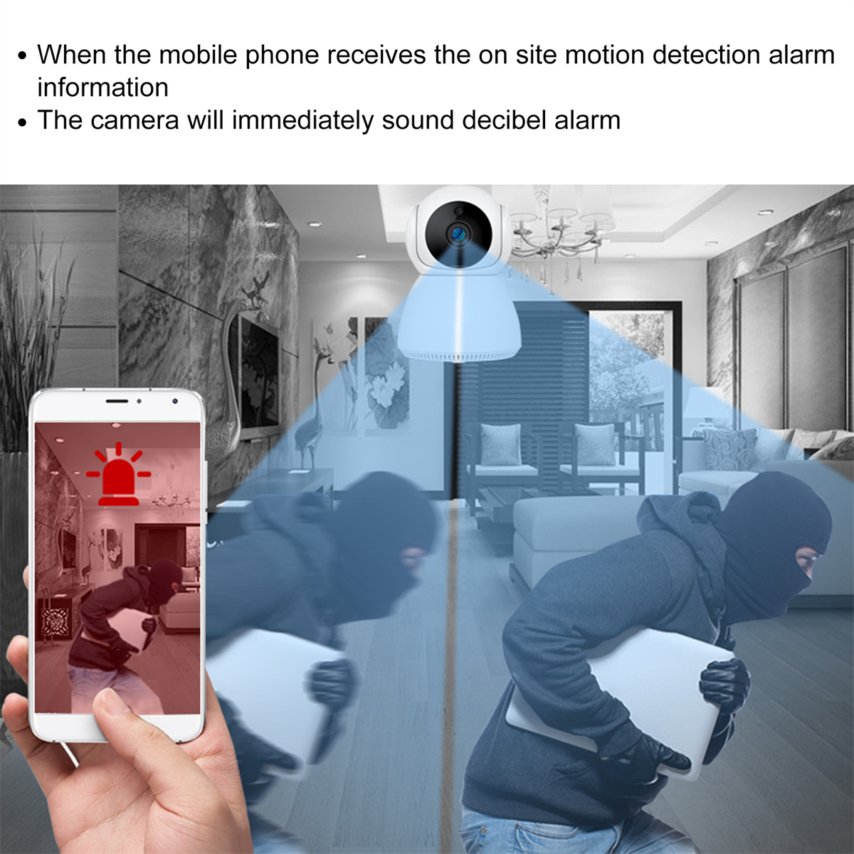 Eine Szene eines Einbruchs, die auf einem Telefon gezeigt wird, mit einer Kamera und zwei Einbrechern, die rennen.