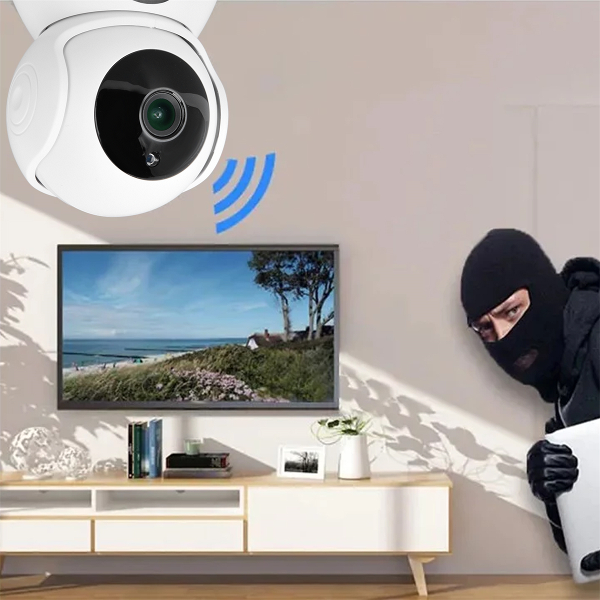 Überwachungskamera auf einen Fernsehbildschirm gerichtet, Mann mit schwarzer Maske schaut von der Seite.