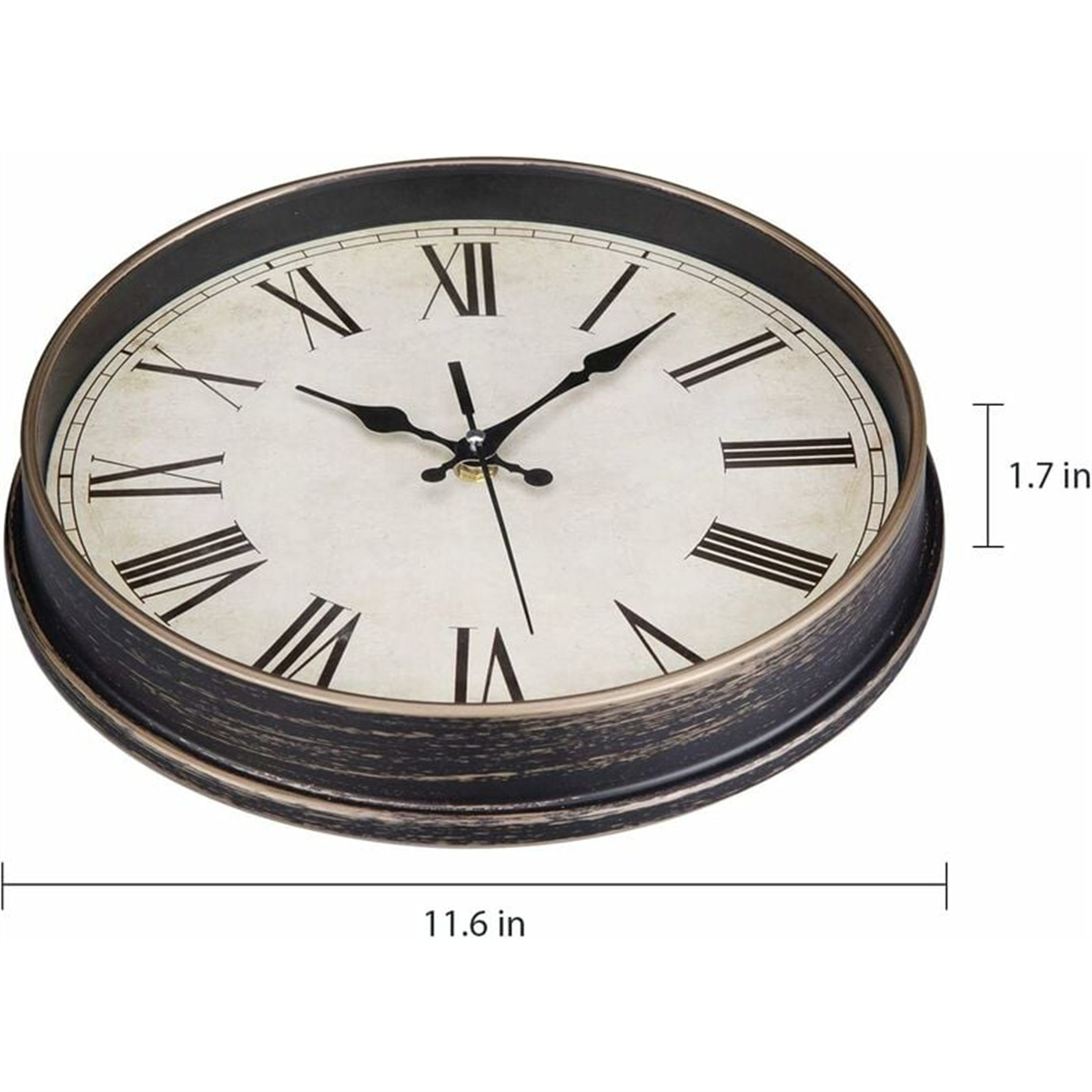 Vintage-Uhr mit römischen Ziffern, schwarzem Rahmen und Maßen: 11,6 Zoll x 1,7 Zoll.