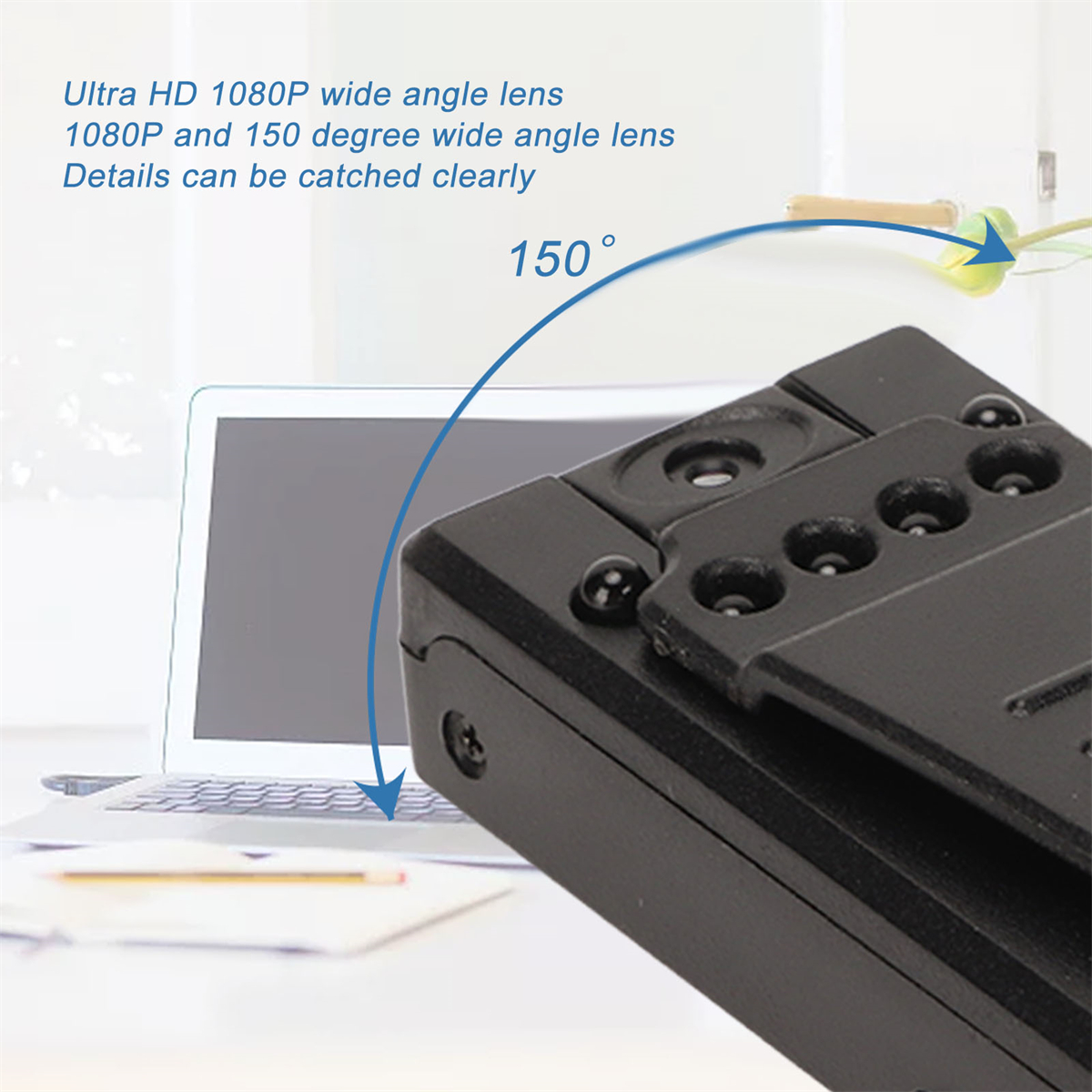 Eine schwarze Kamera mit 150° Weitwinkelobjektiv. Text zeigt eine Ultra HD 1080P Kamera.