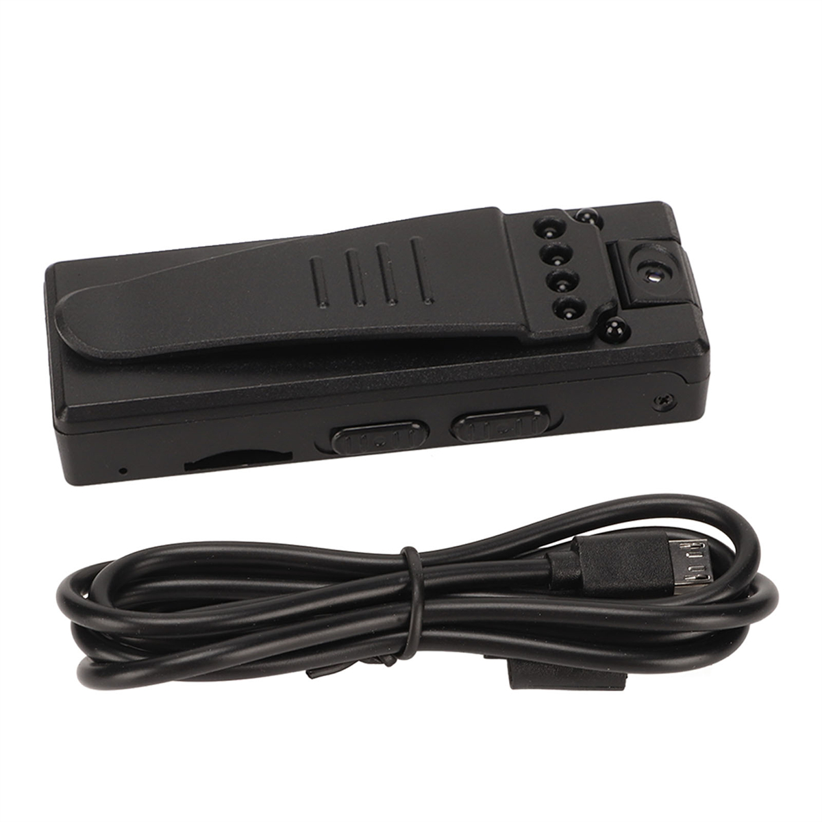 Eine kleine, schwarze, rechteckige Videokamera mit Clip und USB-Kabel.