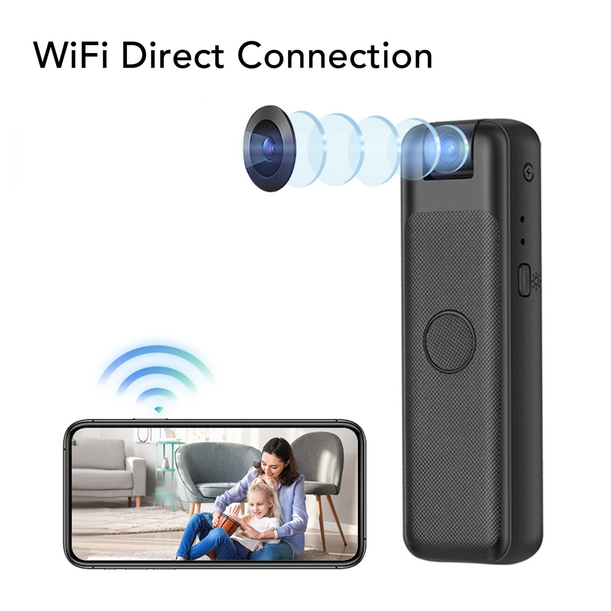Eine schwarze, rechteckige Kamera mit Objektiven und ein Telefon mit einer Frau und einem Kind. Der Text lautet WiFi Direct.