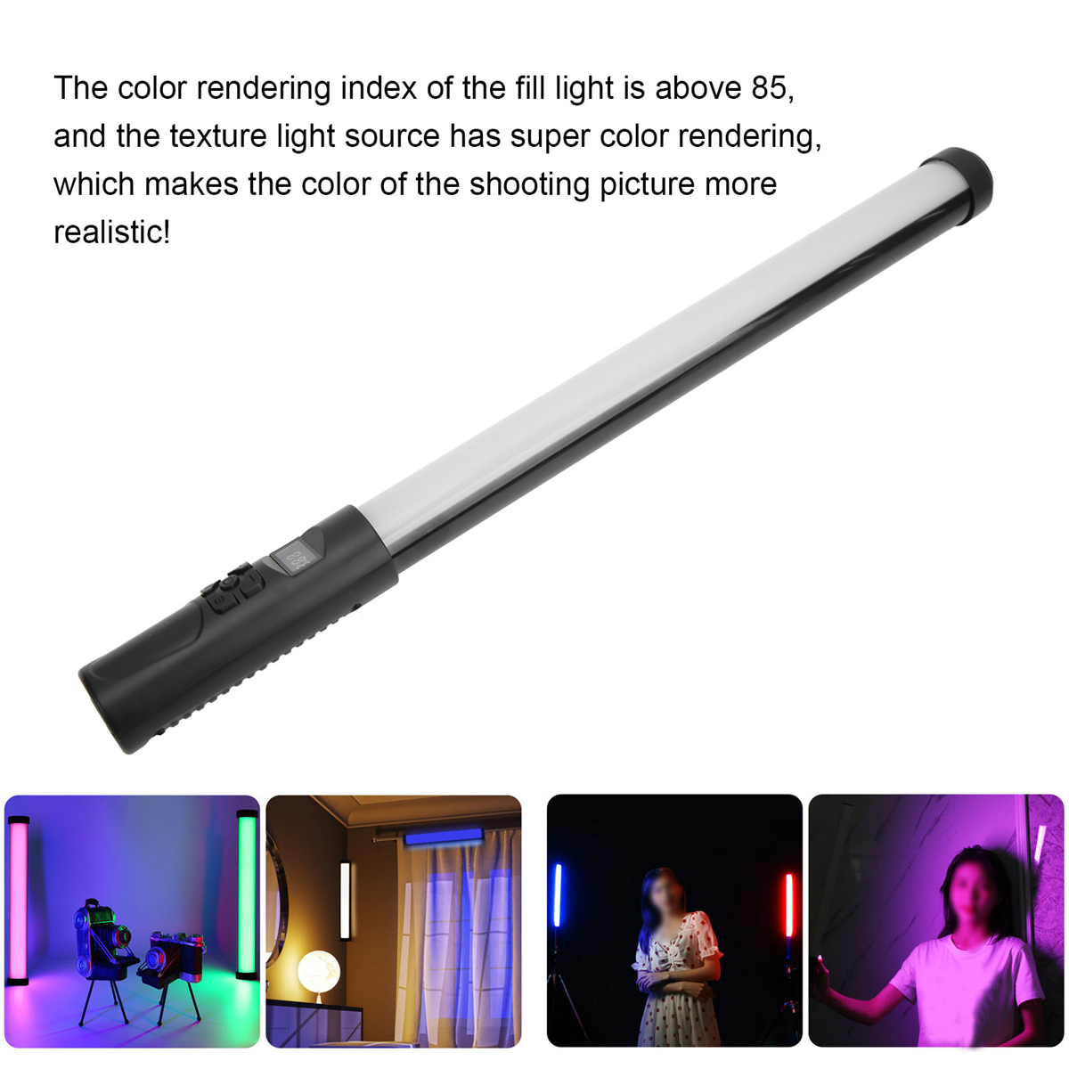 Langer LED-Lichtstab. Hat schwarzen Griff und Bedienelemente. Weißer und klarer Lichtabschnitt.