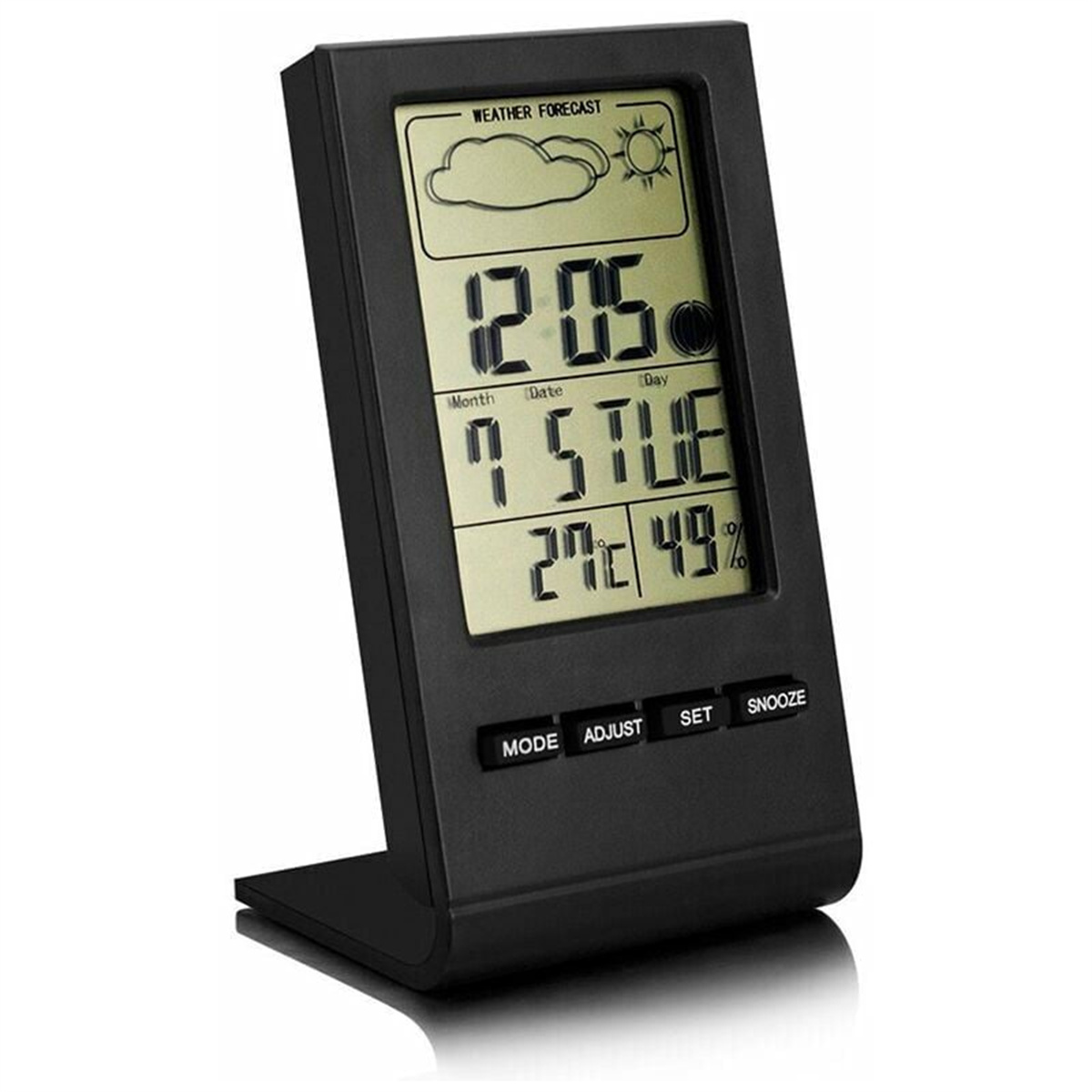 Eine schwarze Wetterstation mit Anzeige von Uhrzeit, Datum und Temperatur, mit Ständer.