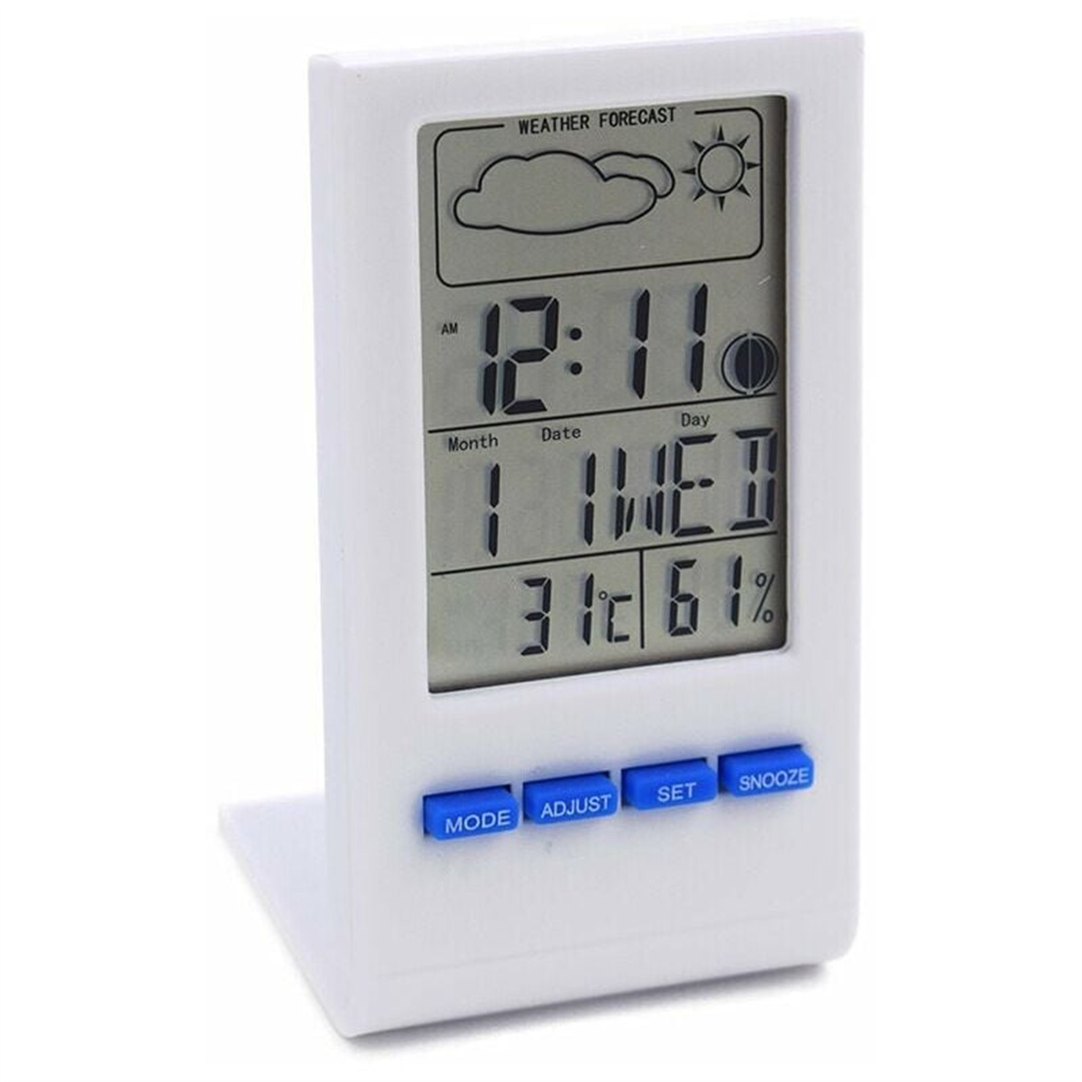 Weiße digitale Wettervorhersage-Uhr. Zeigt Zeit, Datum, Tag und Temperatur an. Blaue Knöpfe.