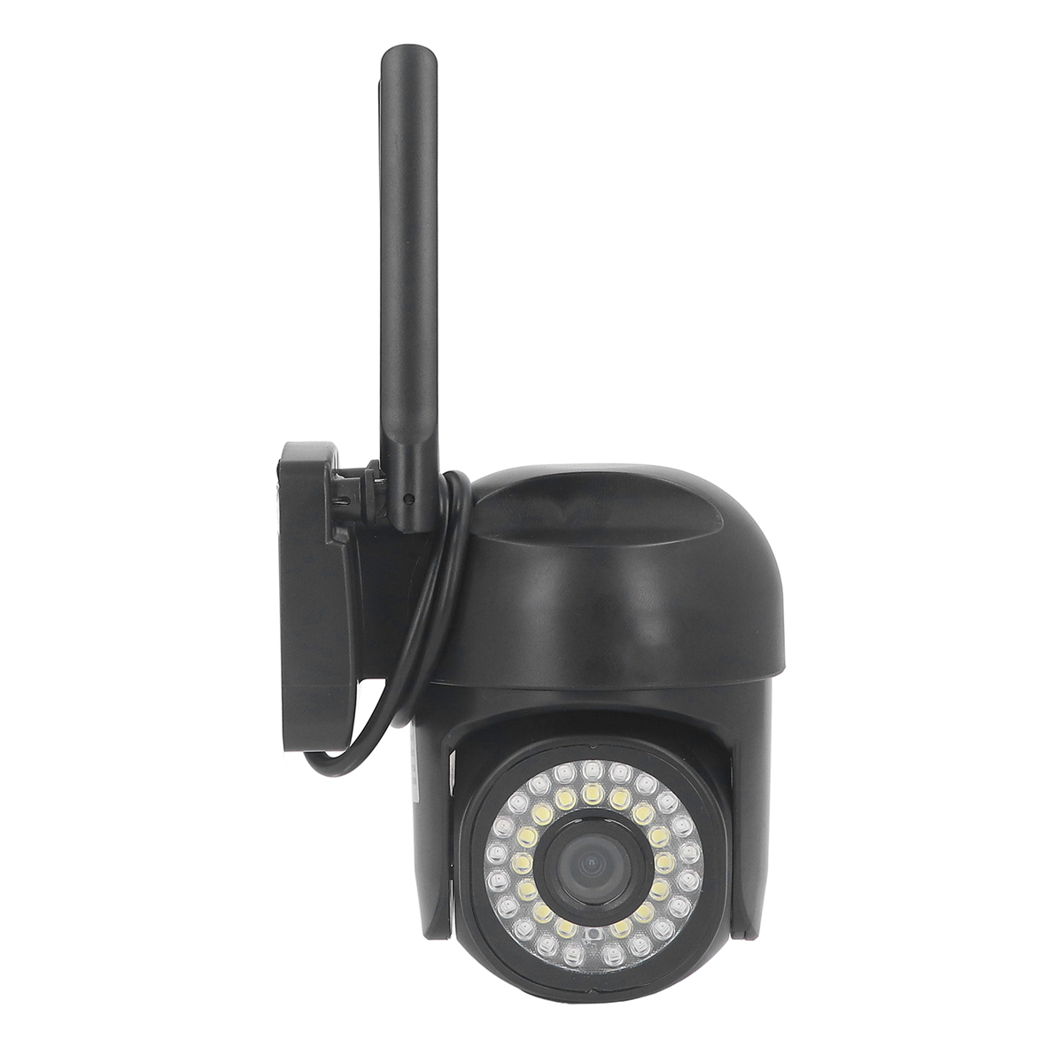 Eine schwarze Überwachungskamera mit Antenne. Die Kamera hat ein Objektiv und ist nach vorne gerichtet.