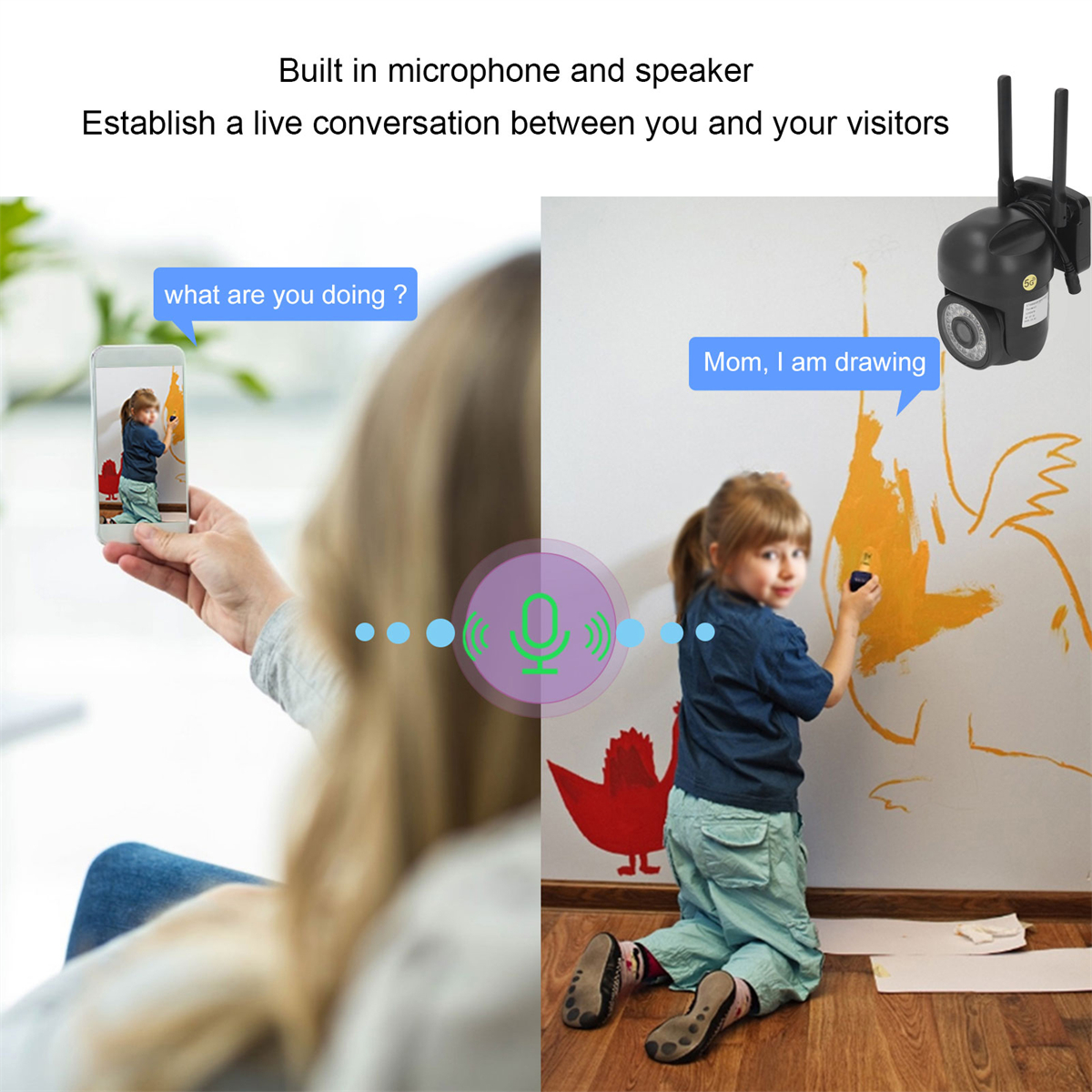 Ein Kind zeichnet an einer Wand, während es telefoniert. Eine Überwachungskamera ist an der Wand montiert.
