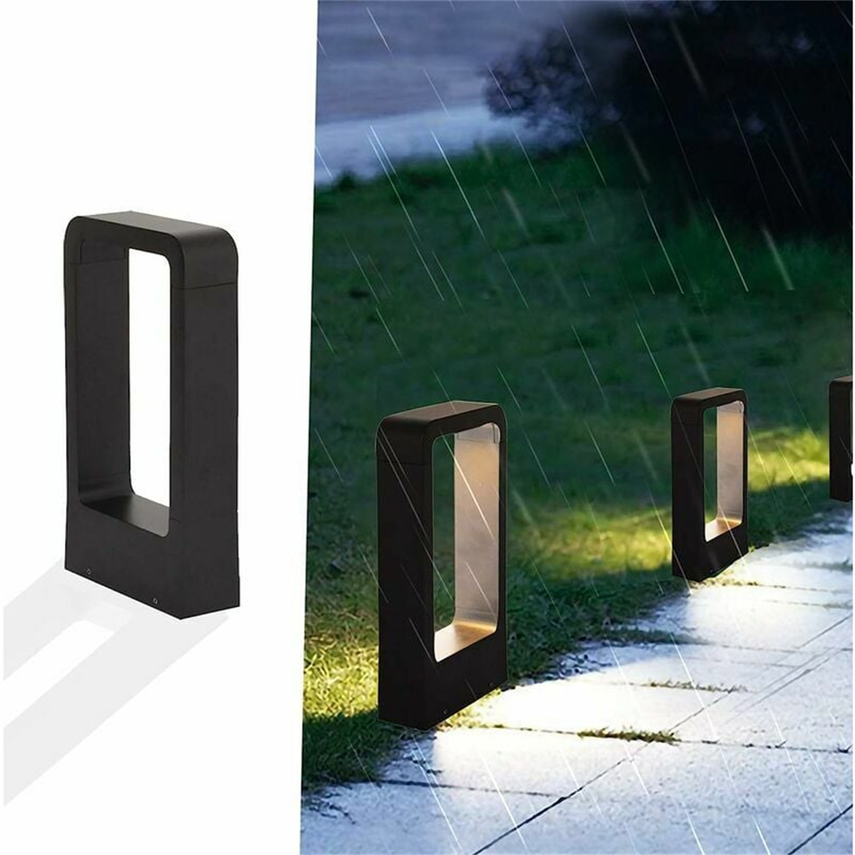 Schwarze rechteckige Außenleuchten beleuchten einen Weg im Regen. Im Hintergrund ist Gras zu sehen.