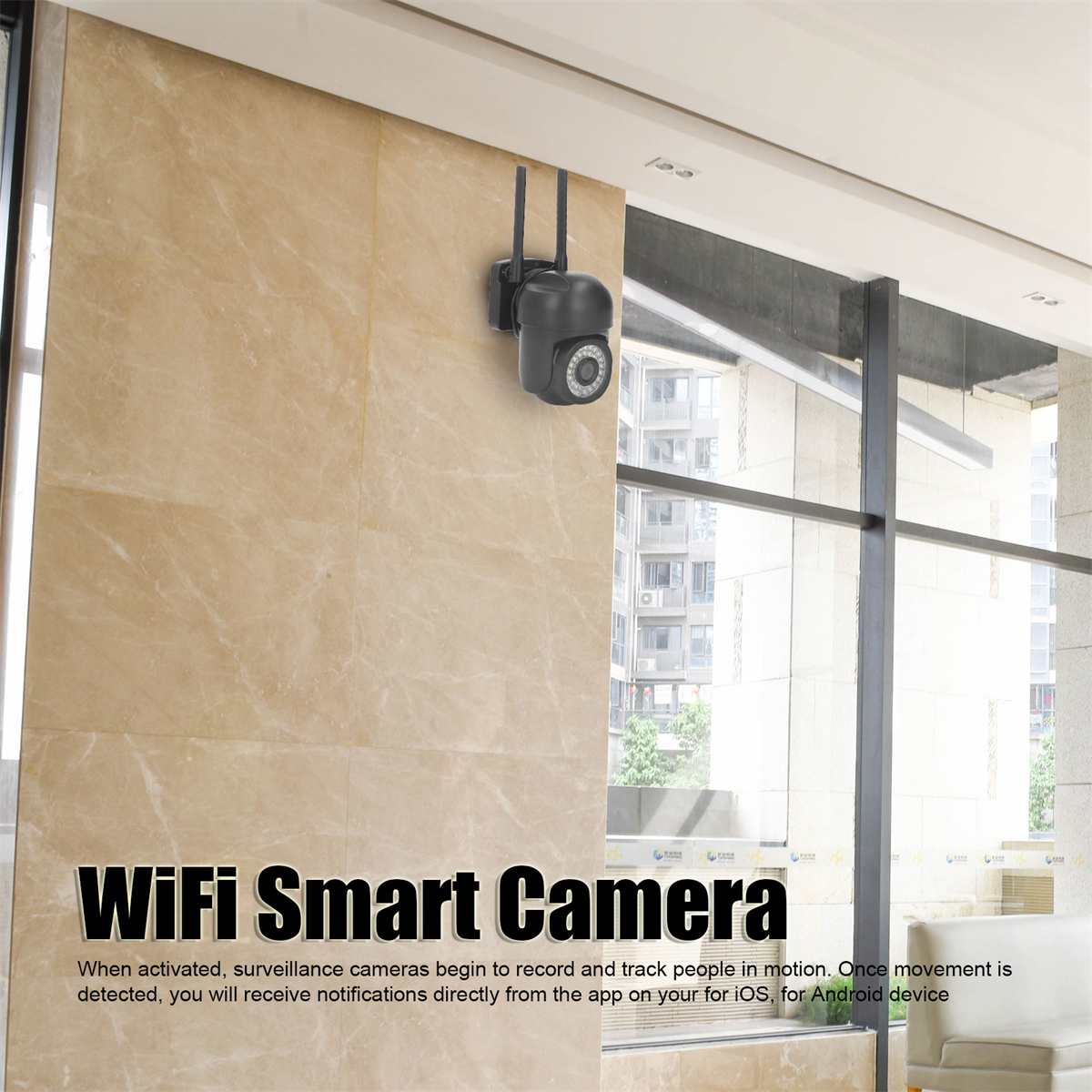 Schwarze WLAN-Smart-Kamera an einer Wand, mit Text, der ihre Funktion beschreibt.