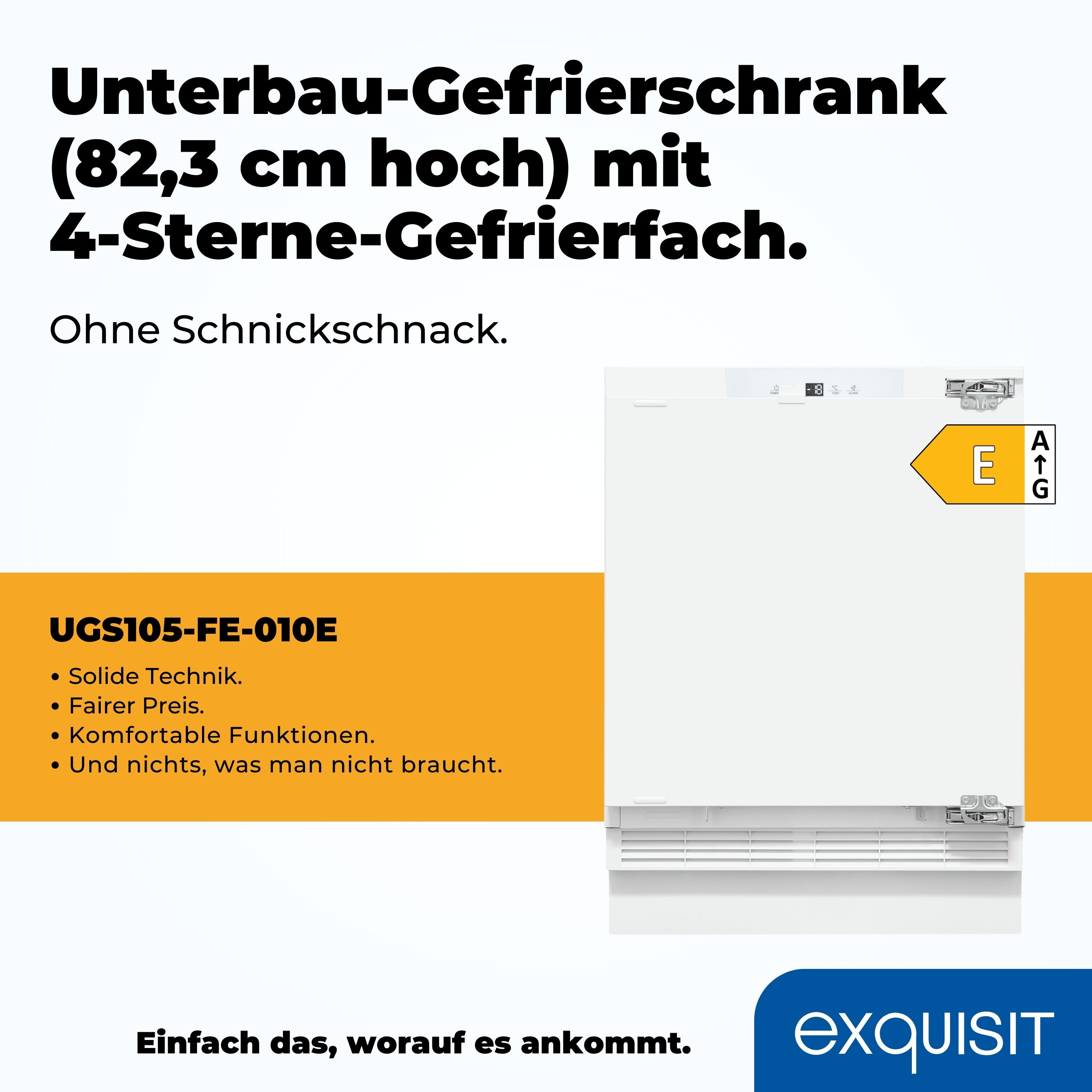 Weißer Einbau-Gefrierschrank mit Tür, Energieetikett und Text auf Deutsch. Der Gefrierschrank ist weiß.