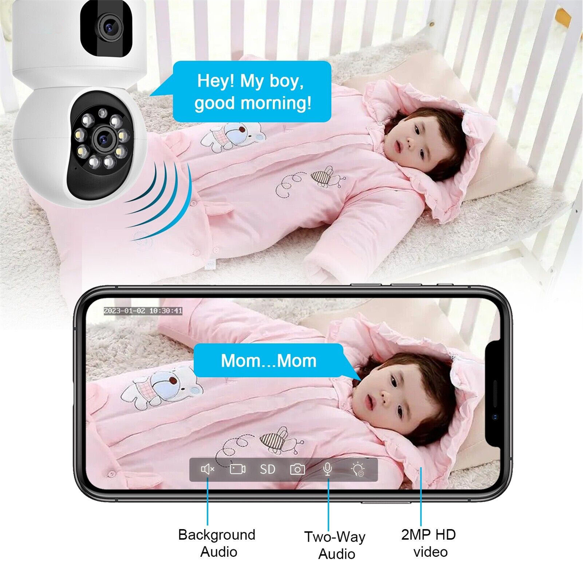 Babyphone mit Baby in pinkfarbenem Schlafsack im Kinderbett. Telefonbildschirm zeigt Baby.