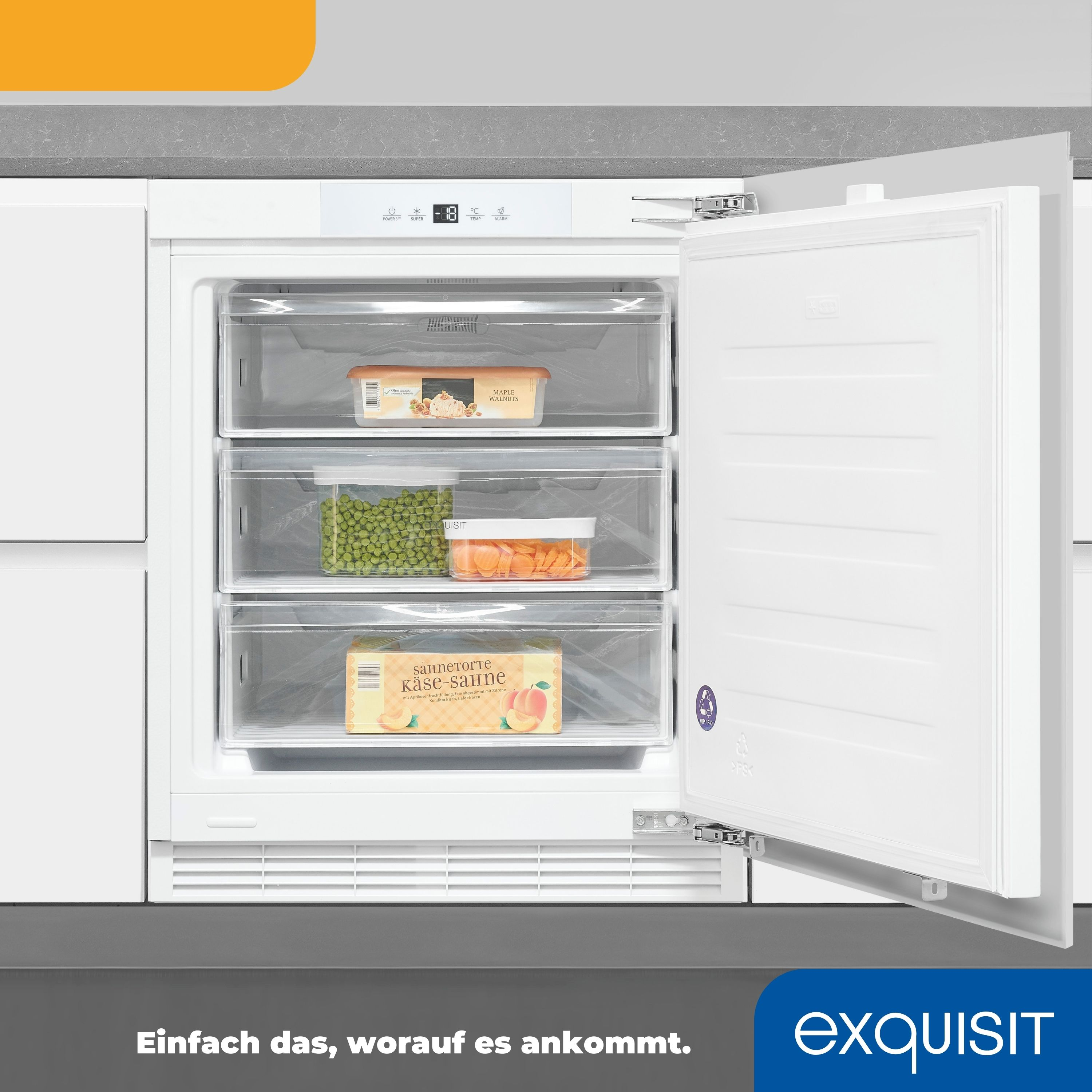 Einbaukühlschrank mit offener Tür, zeigt die Lebensmittellagerung.