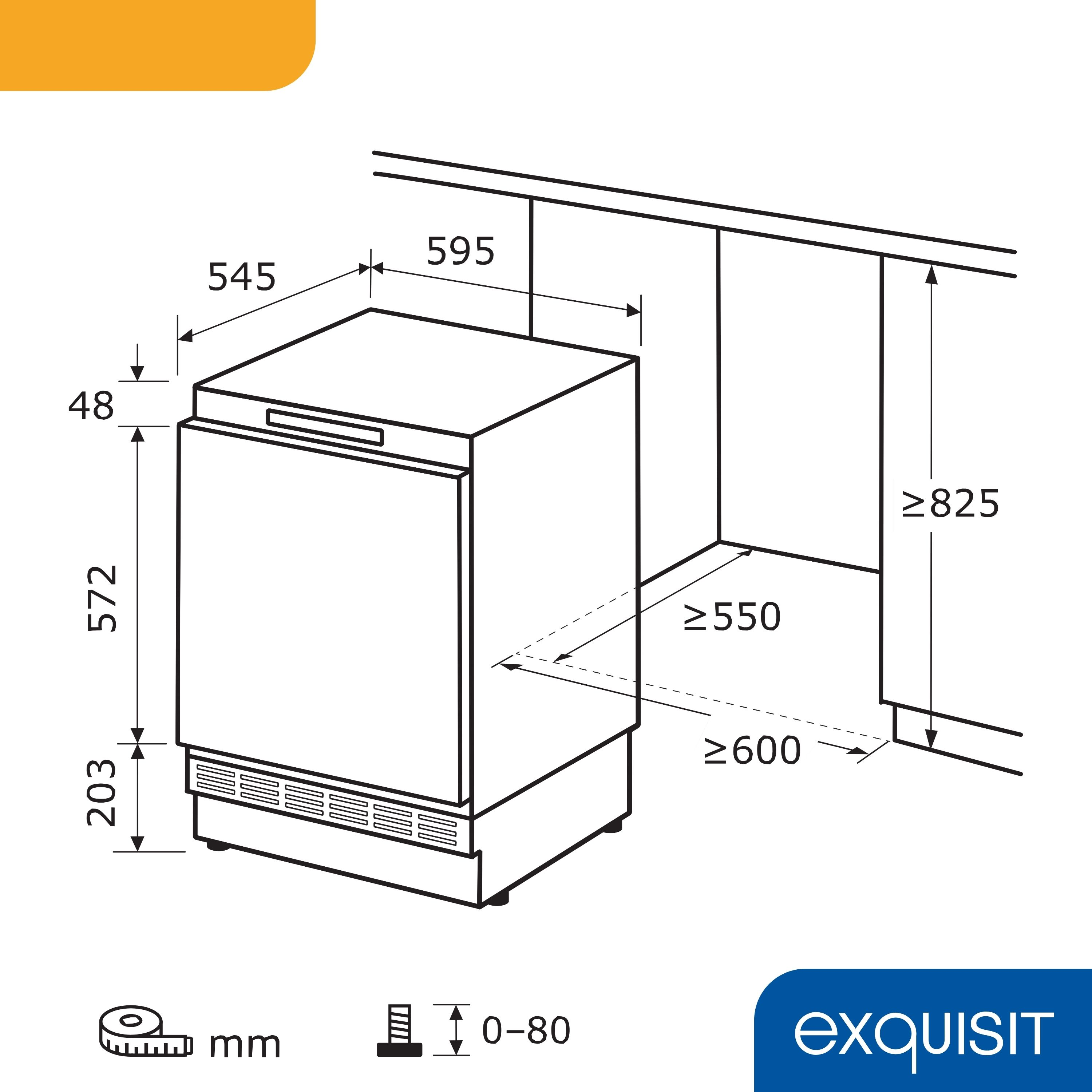 Diagramm eines Einbaukühlschranks mit Abmessungen und Beschriftungen. Weißer Kühlschrankumriss.