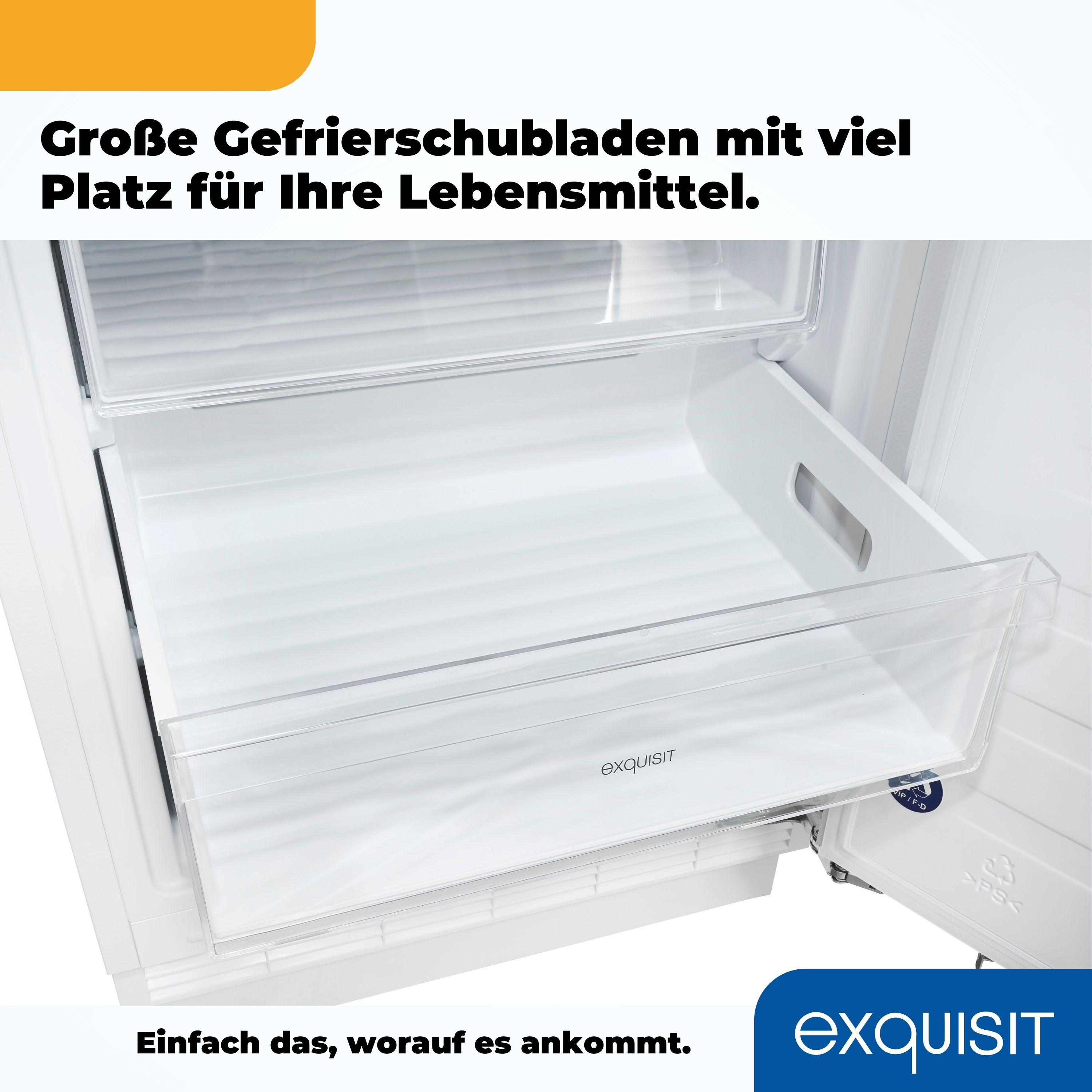 Offene weiße Kühlschublade mit Text, der auf große Gefrierschubladen für die Lebensmittellagerung hinweist.