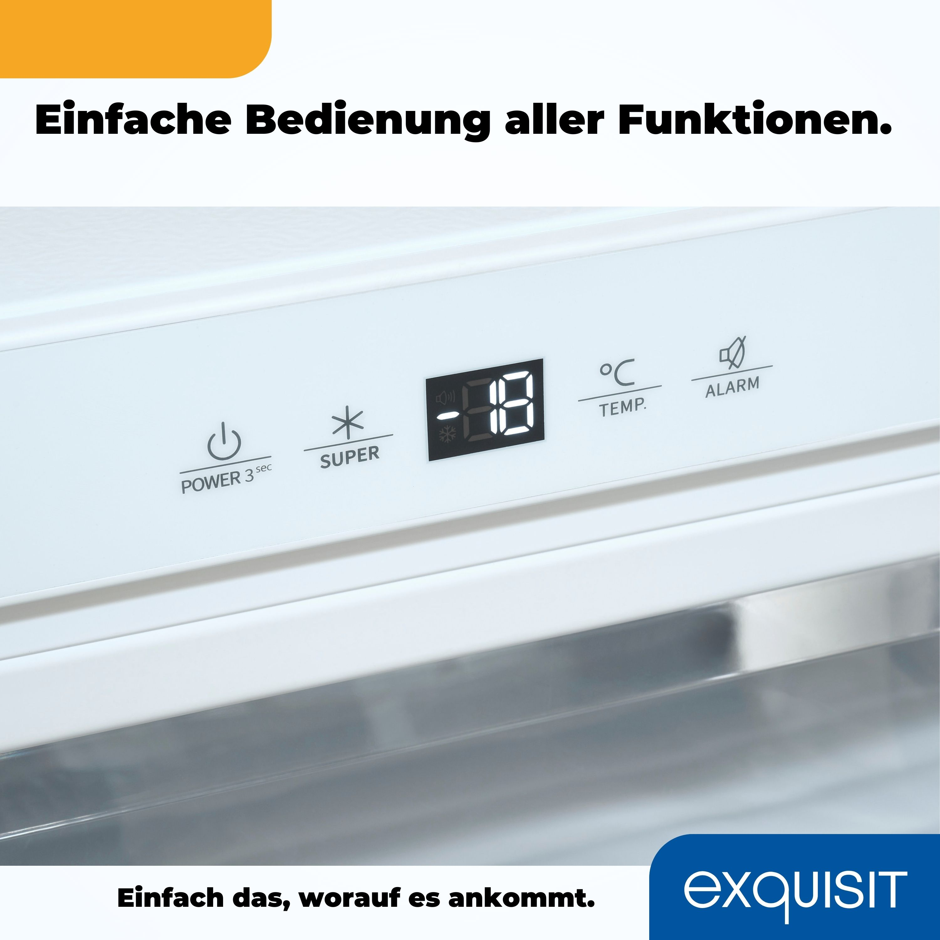 Ein weißes Kühlschrank-Bedienfeld mit Strom-, Super-, Temperatur- und Alarmsymbolen wird angezeigt.